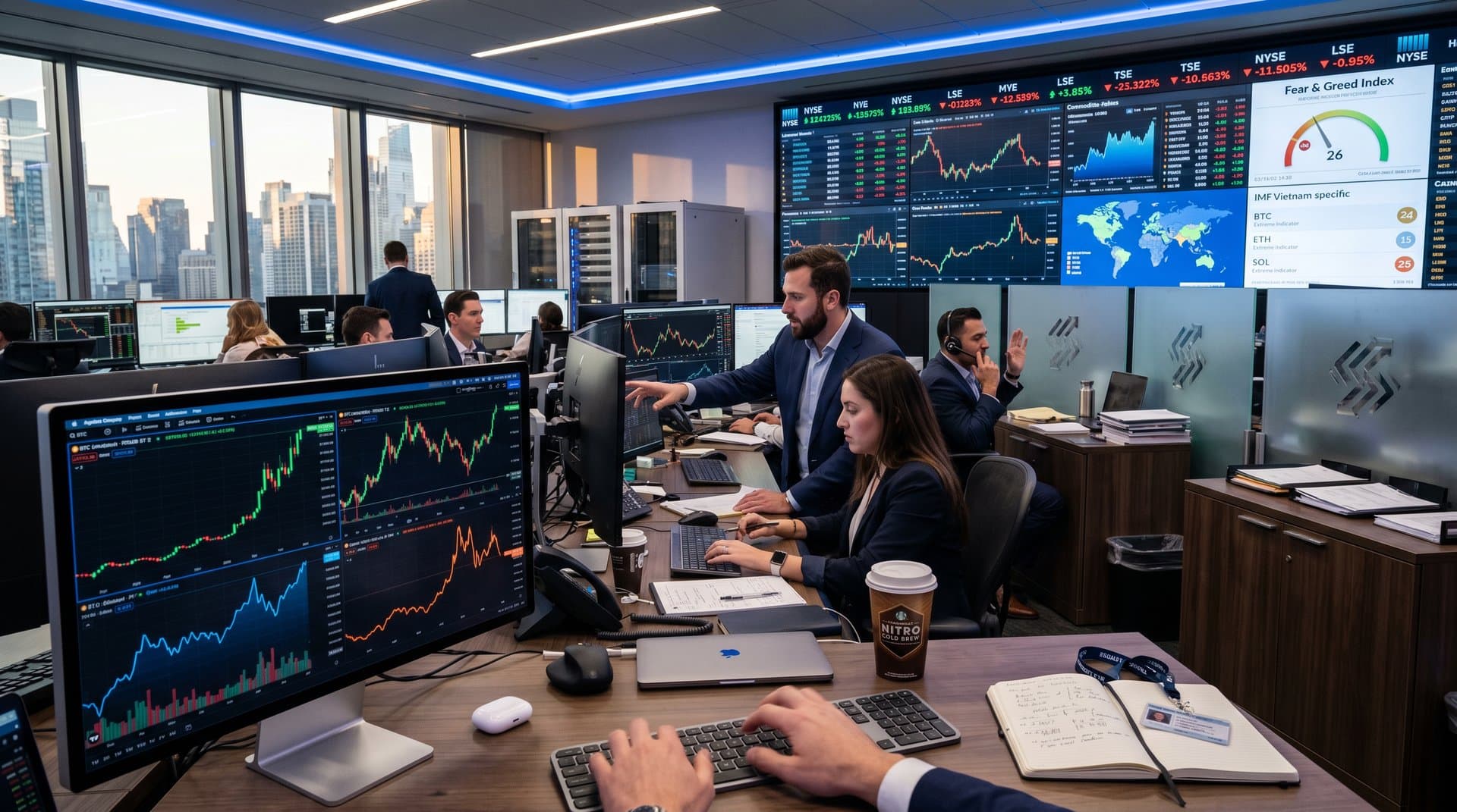 Traders analyze crypto charts on Apple Studio Display XDR amid Goldman Sachs multi-monitor trading desk setup