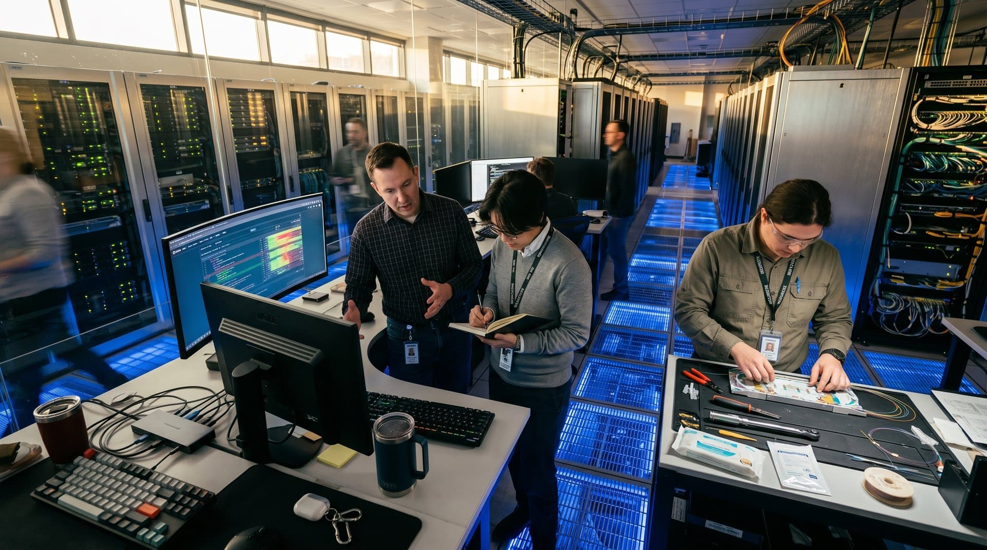 GSA tech facility with server racks, monitors showing GitHub code, and global collaboration maps under LED lights