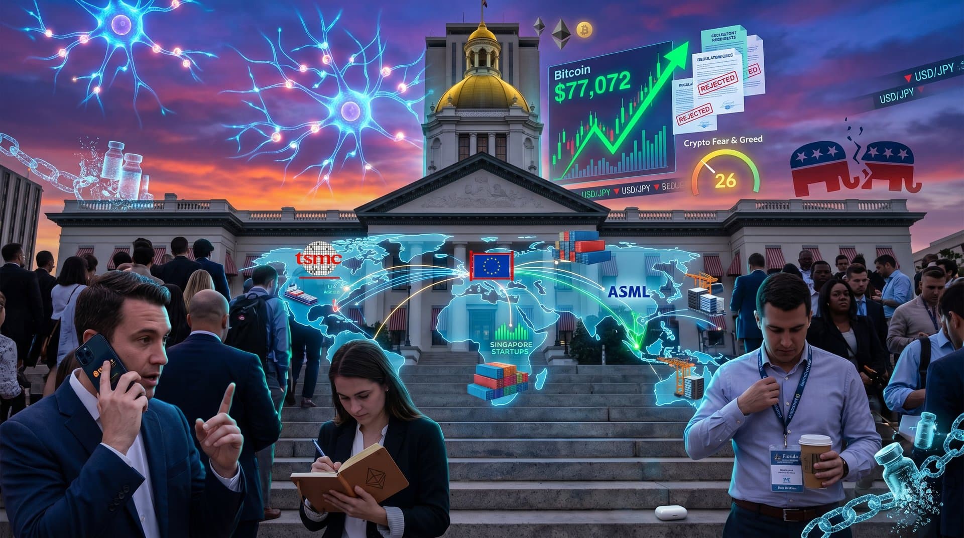 Florida capitol with AI neural networks and crypto charts overlay, global tech policy tensions