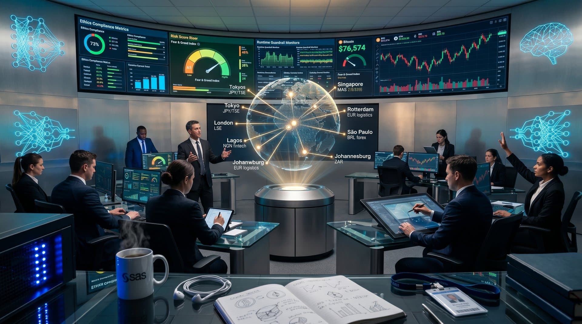 SAS AI governance dashboards on multi-monitors in control center with crypto volatility charts, global map pins, secure servers for enterprise AI strategy