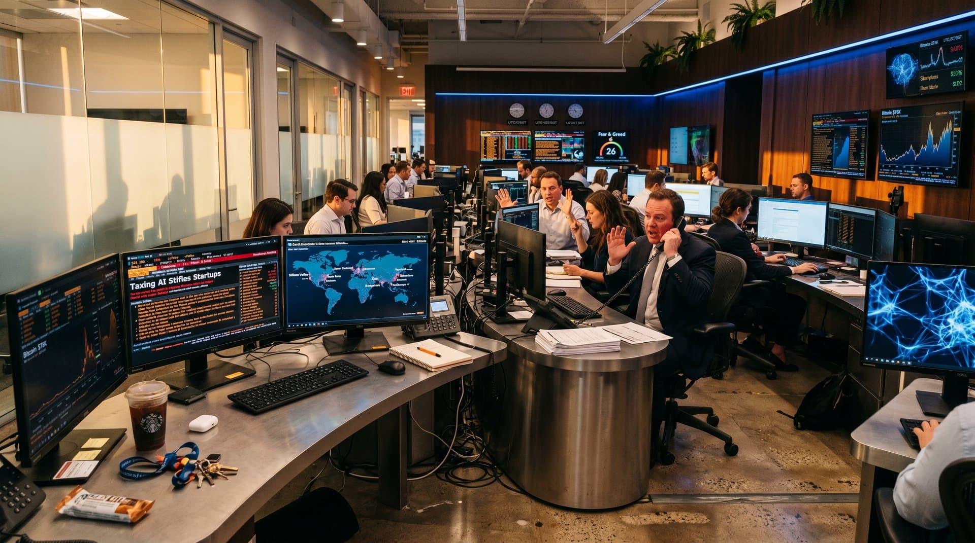 Bloomberg terminals in finance newsroom showing AI tax headlines, global maps, and crypto charts