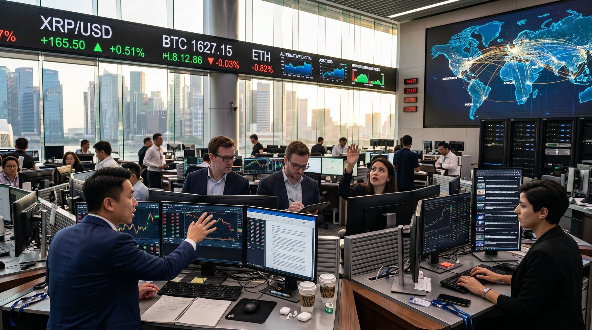 Global trading floor analysts review XRP vs Cardano crypto charts on multi-monitors amid market data screens and city skyline