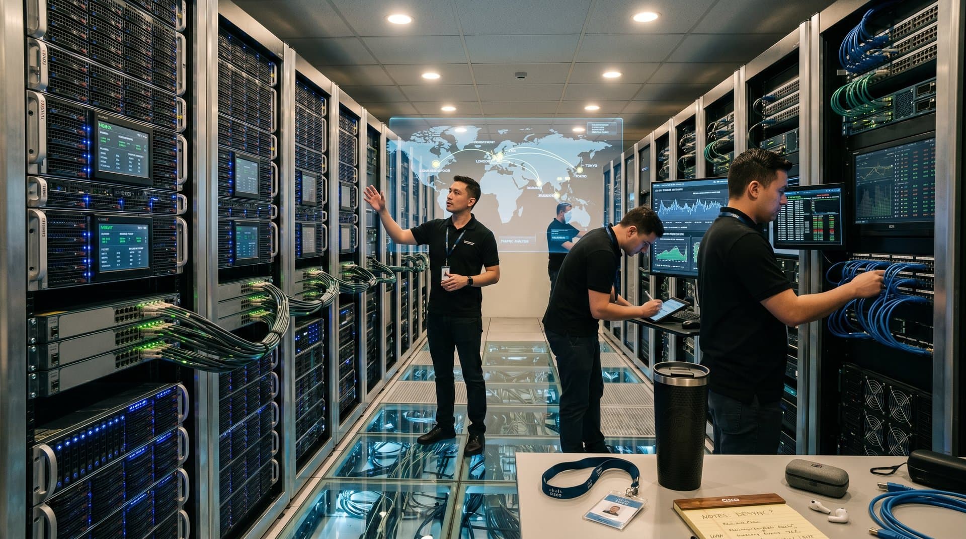 Global data center with Nginx FastCGI dashboards, reverse proxy flows, and world map of secure networks