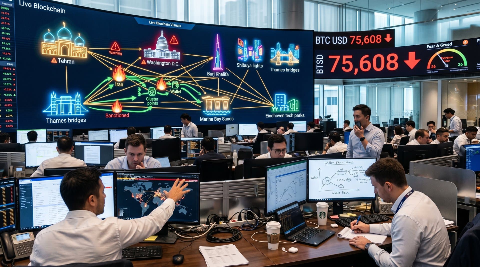 Global blockchain network with sanction alerts from Tehran to world financial hubs