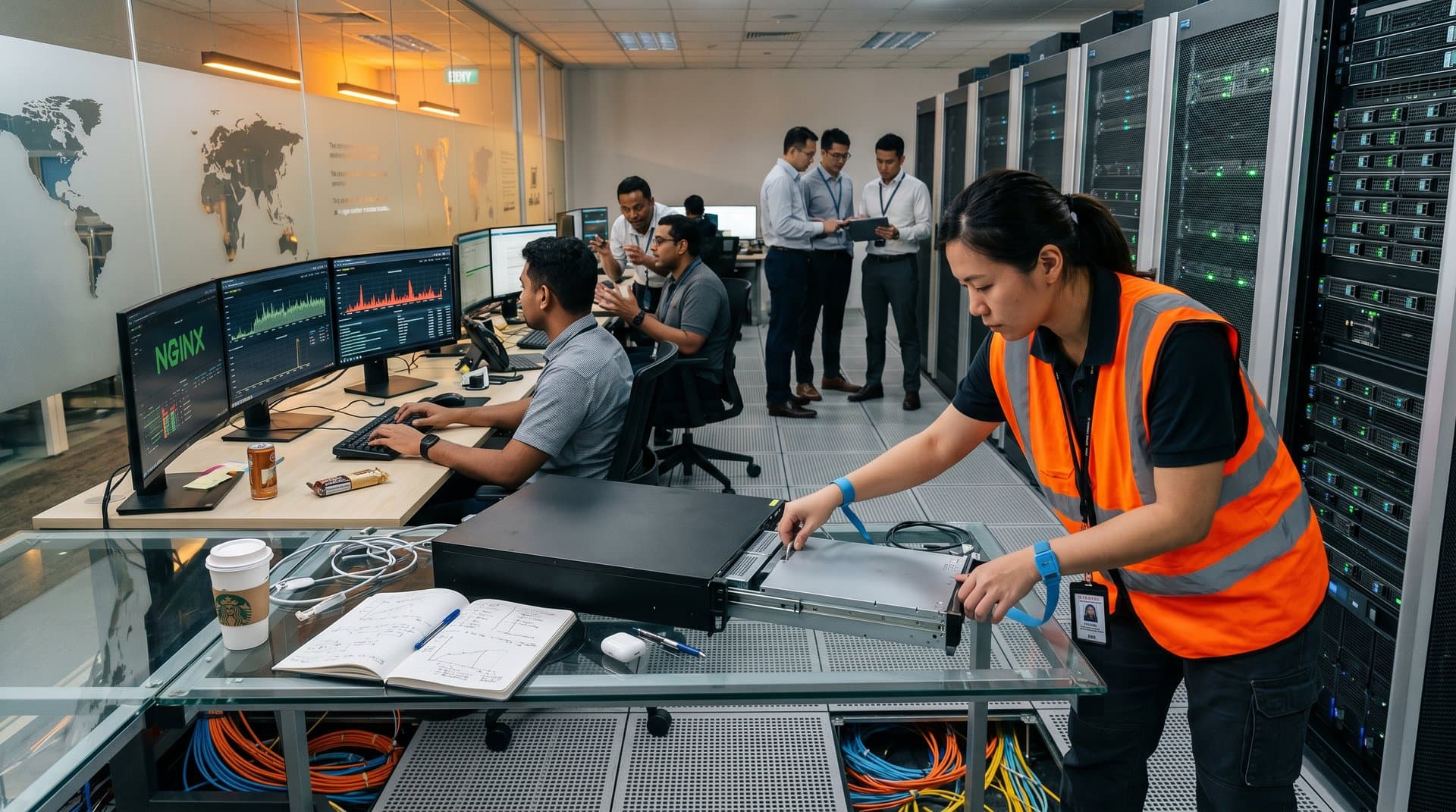 Engineer adjusts server in global data center with racks, Nginx dashboards on monitors, and team at web infrastructure consoles