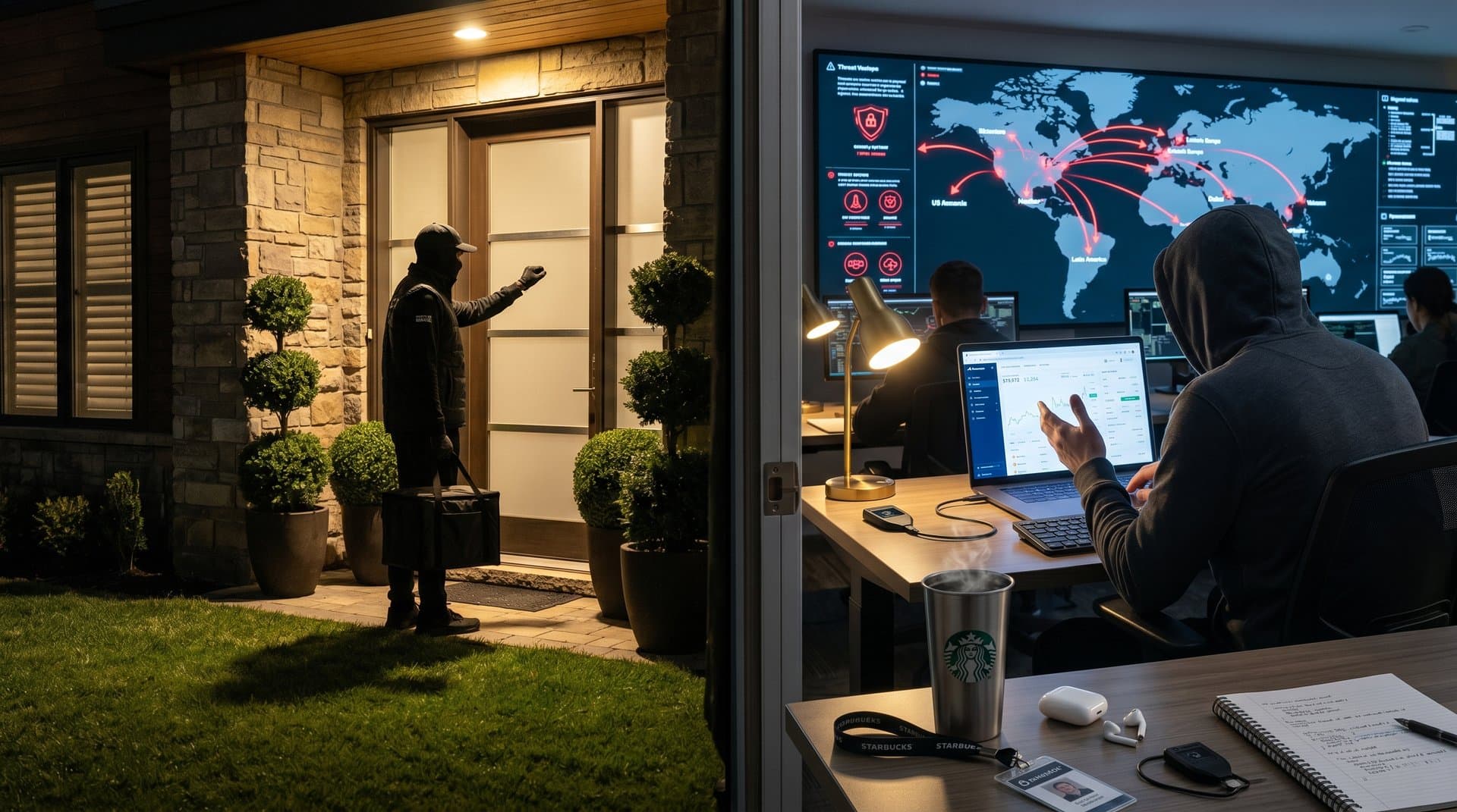 Shadowy delivery figure at home door with crypto wallet screen glowing inside, global threat map in background