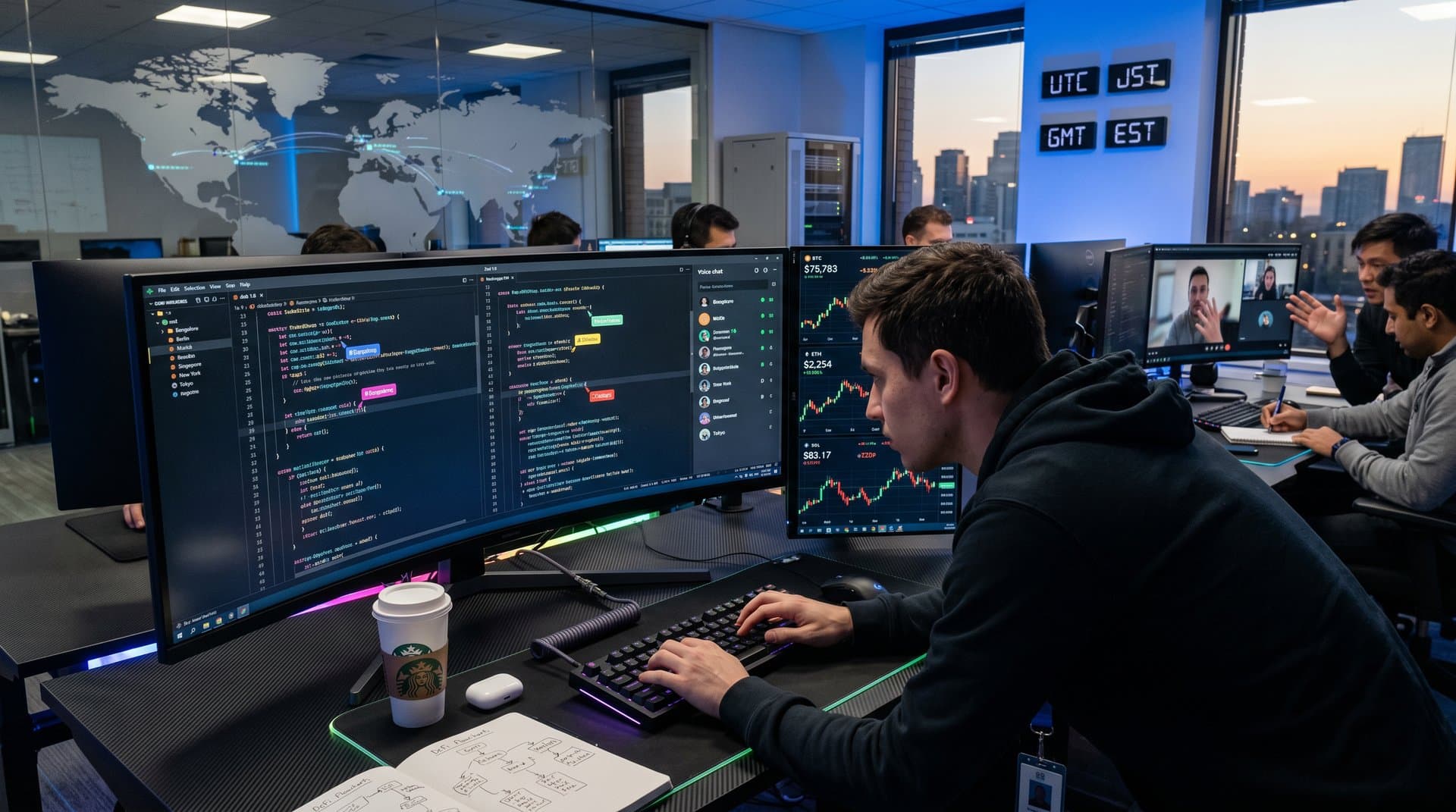 Developers collaborate on Zed 1.0 editor with multi-cursors on code, crypto charts, modern office with skyline view