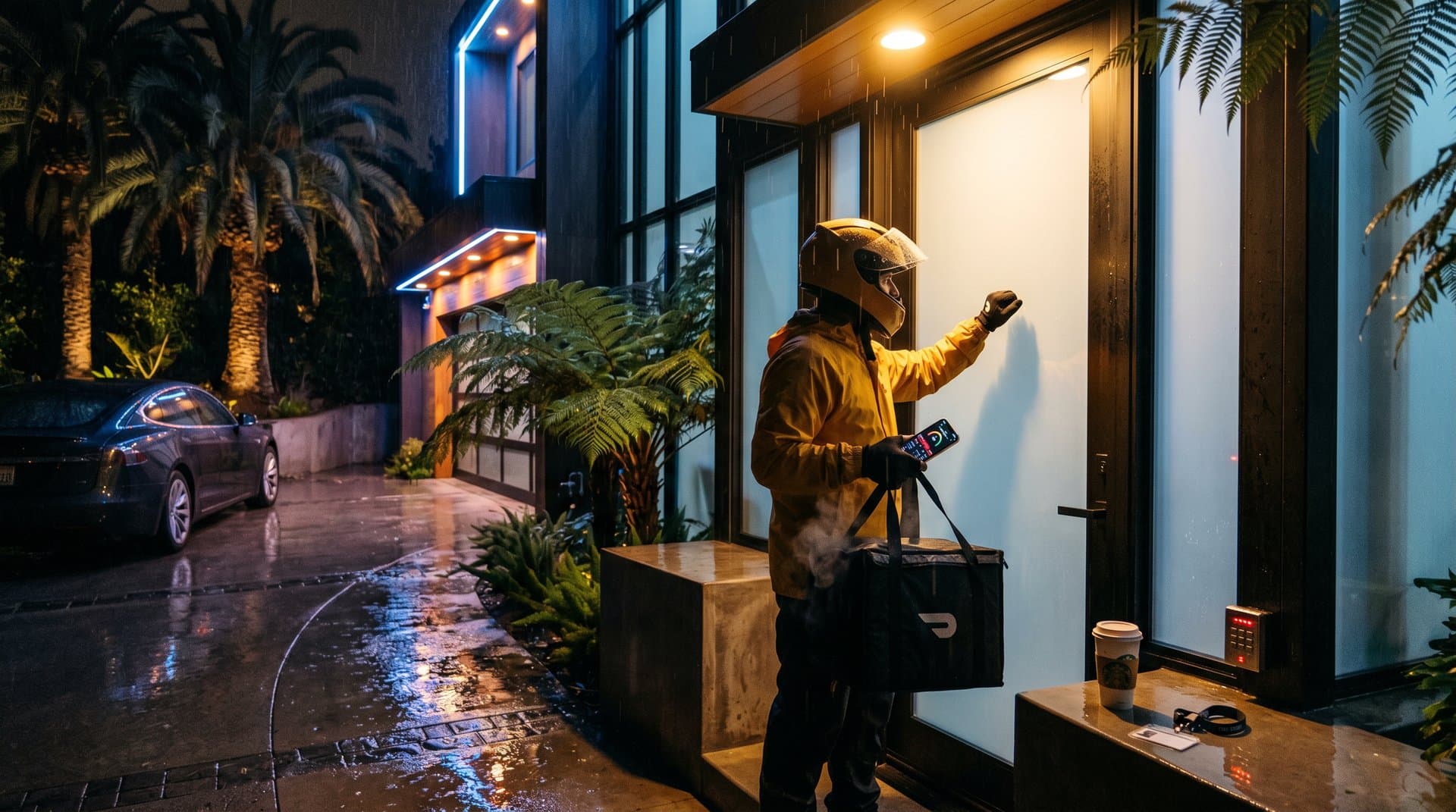 Shadowy delivery figure at luxury home door with crypto wallet holograms, Fear & Greed gauge, and global threat map in cyberpunk style