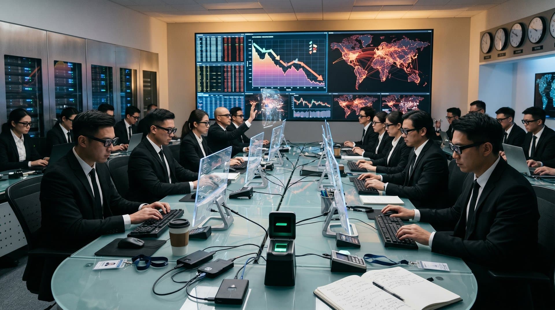 Cyberpunk command center with blockchain heist traces, BTC USD 75,741 chart, Fear & Greed 29, Ledger and Trezor hardware wallets amid global security monitors