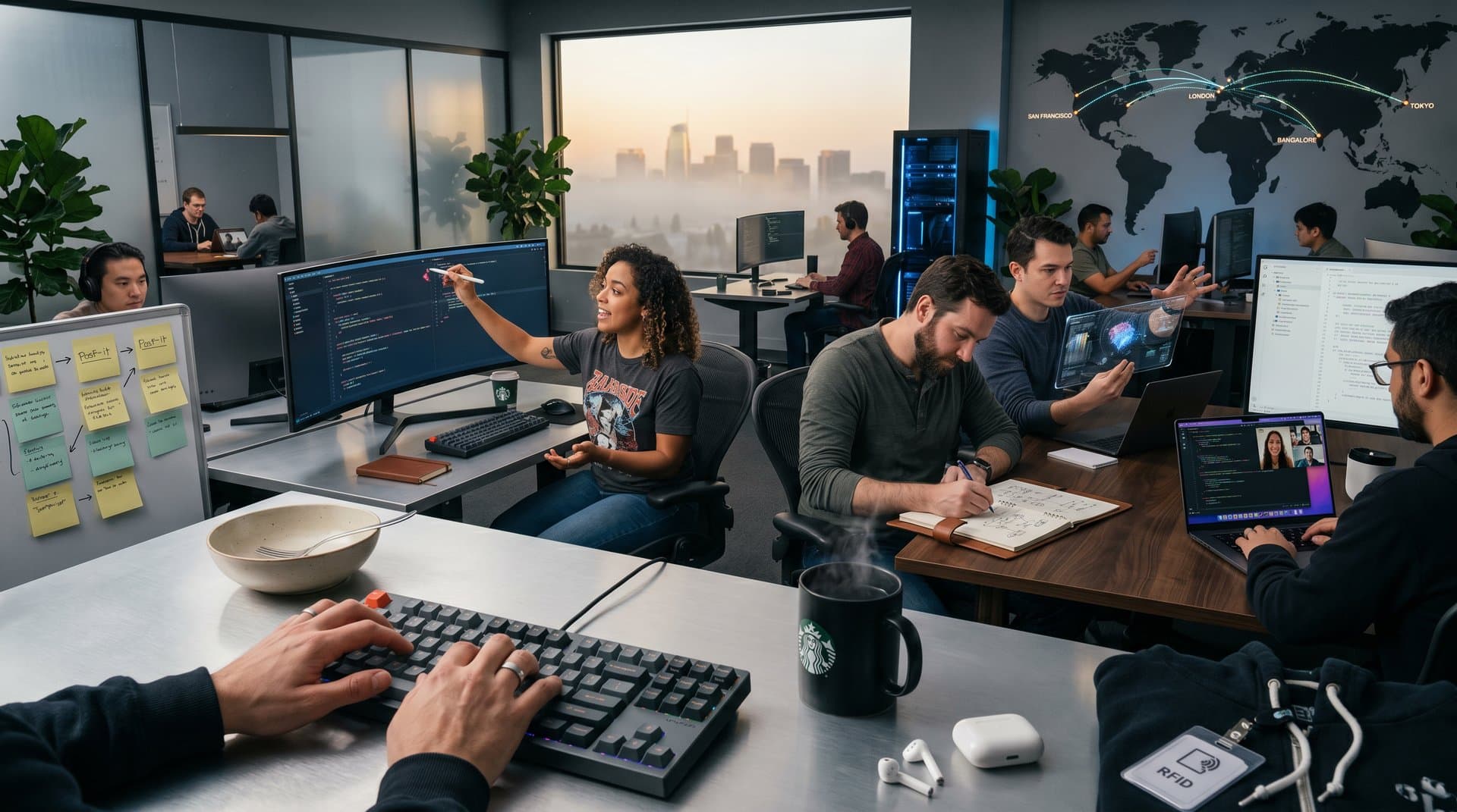 Global developers collaborate on Zed 1.0 code editor with multi-cursors across time zones in modern tech office