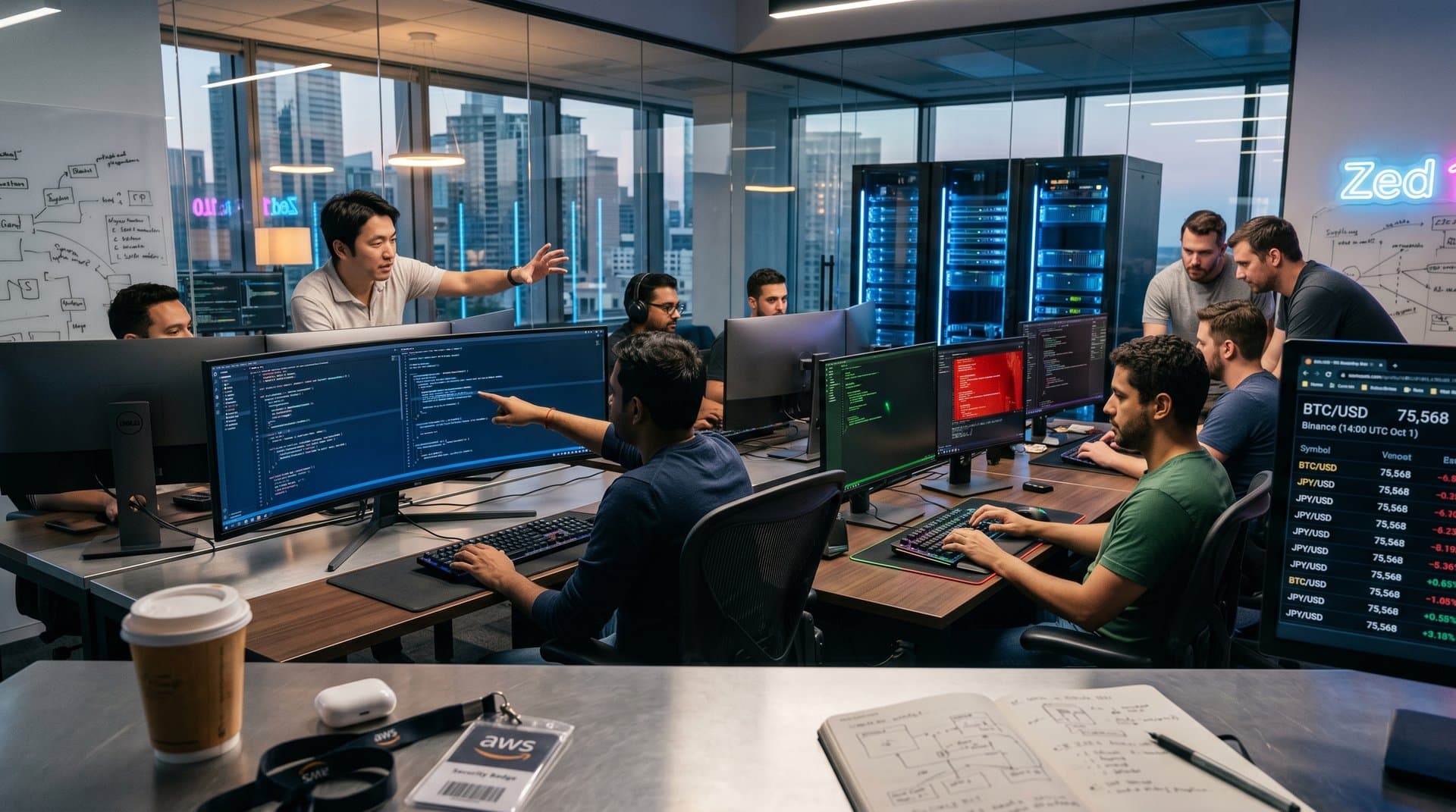 Developers collaborating on multi-monitor setups in a modern AI research lab with code editors and financial terminals visible