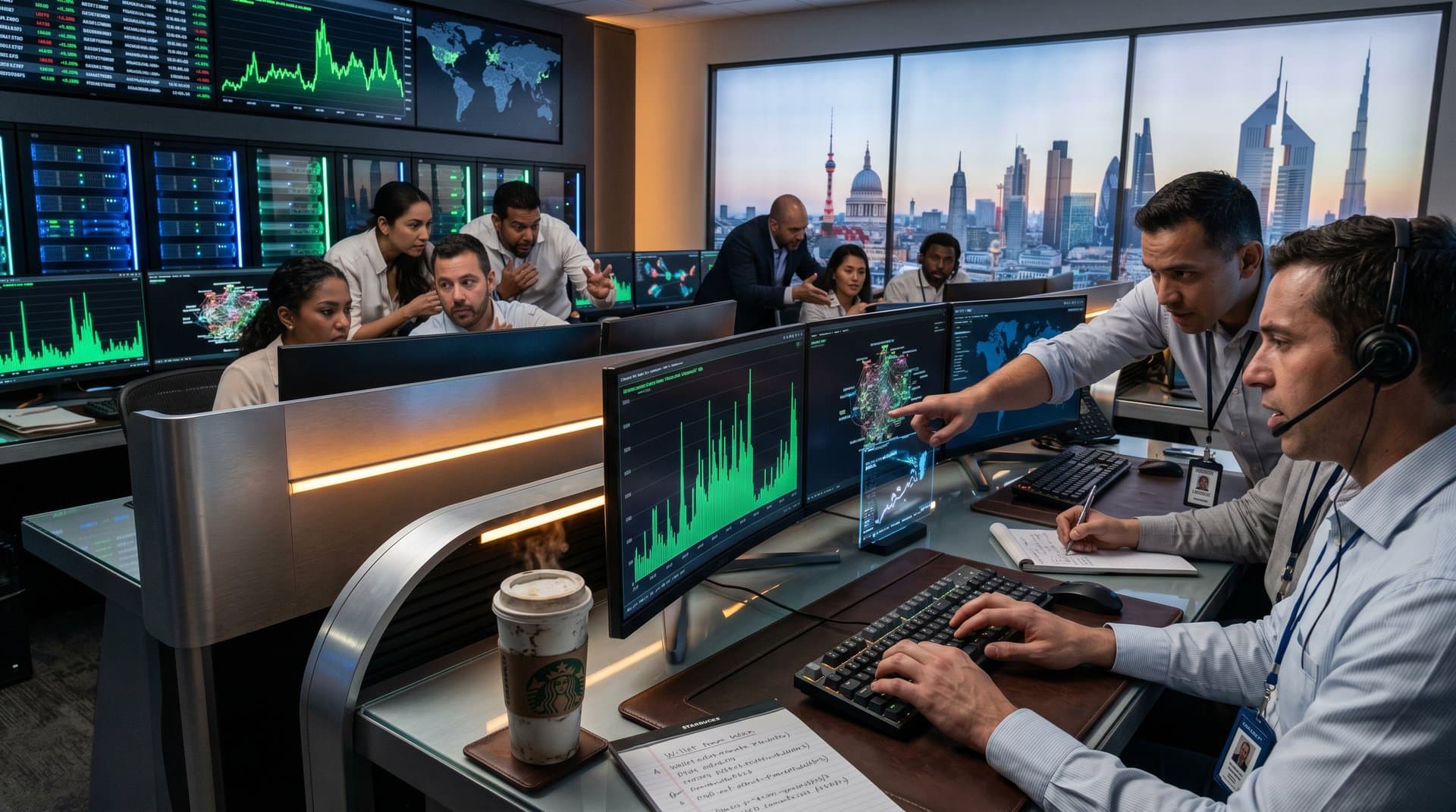 Global fintech analysts trace crypto laundering networks on multi-monitor setups in high-security operations center