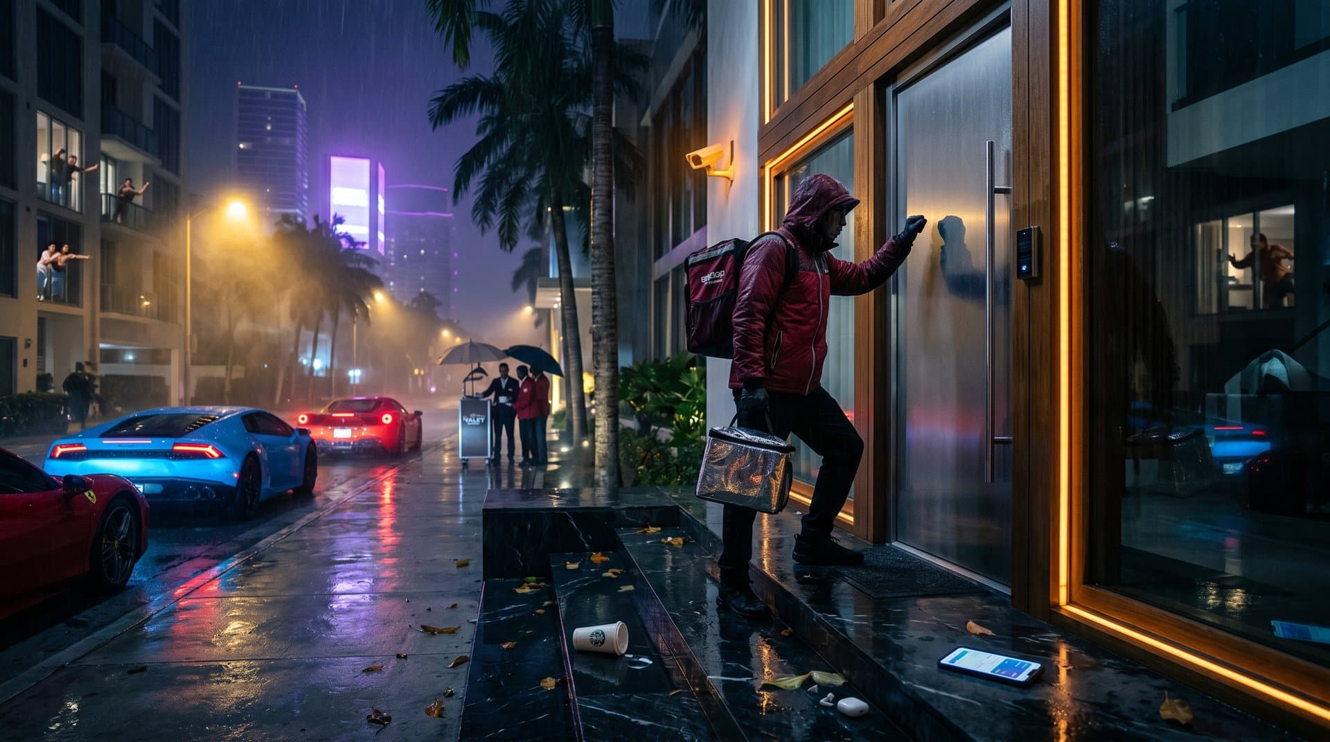 Shadowy delivery figure at luxury door with crypto icons and cyberpunk alerts amid fake food delivery heist tension