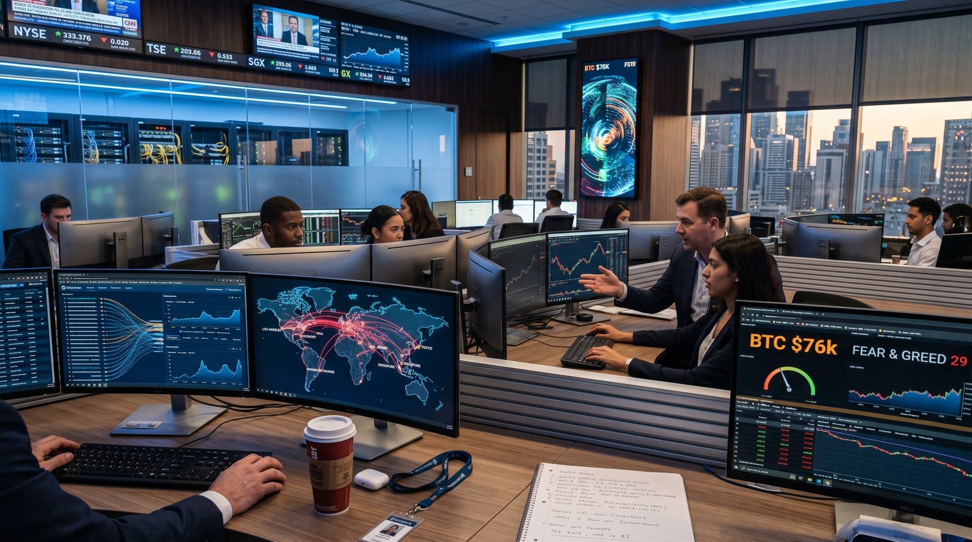 Global fintech analysts trace crypto laundering flows from SoCal to Asia on multi-screens with world map and price charts