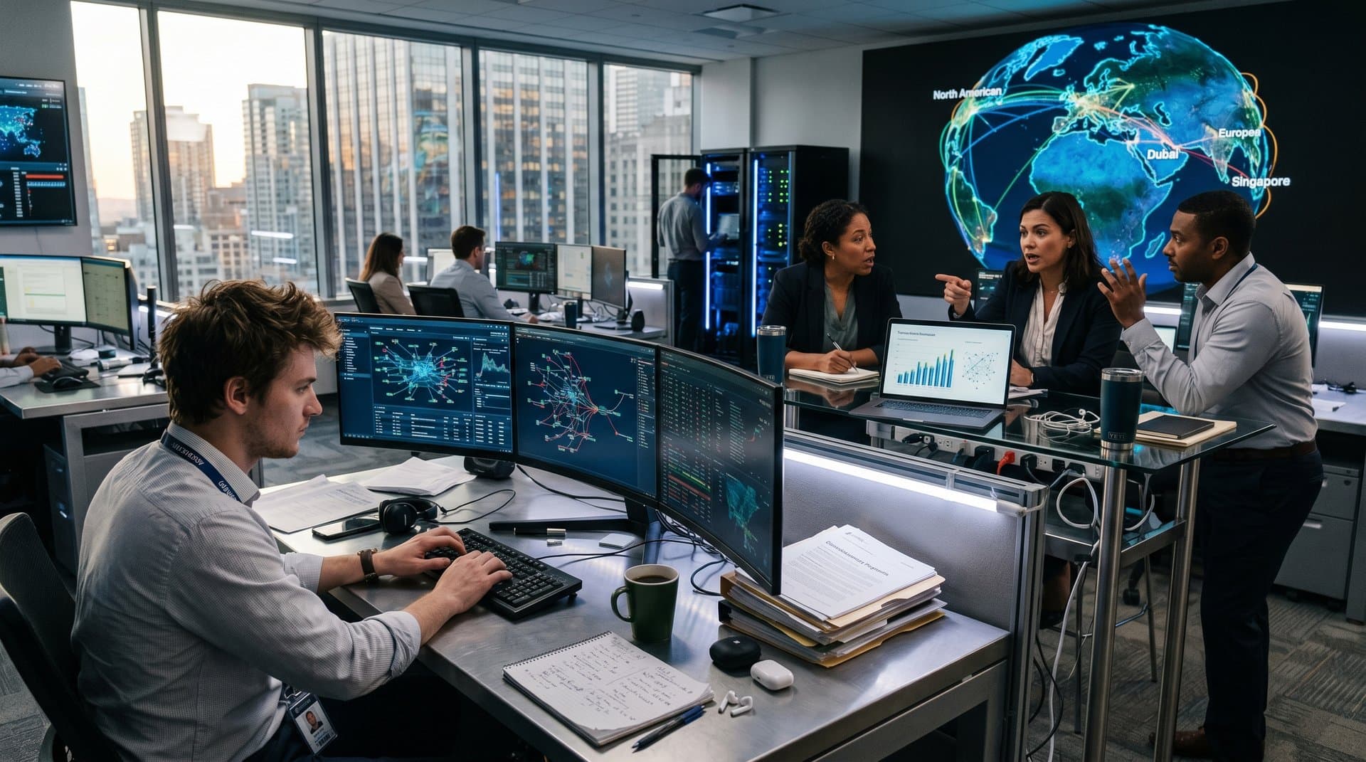 Fintech analysts trace crypto laundering flows on multi-monitor setups in high-tech global operations center
