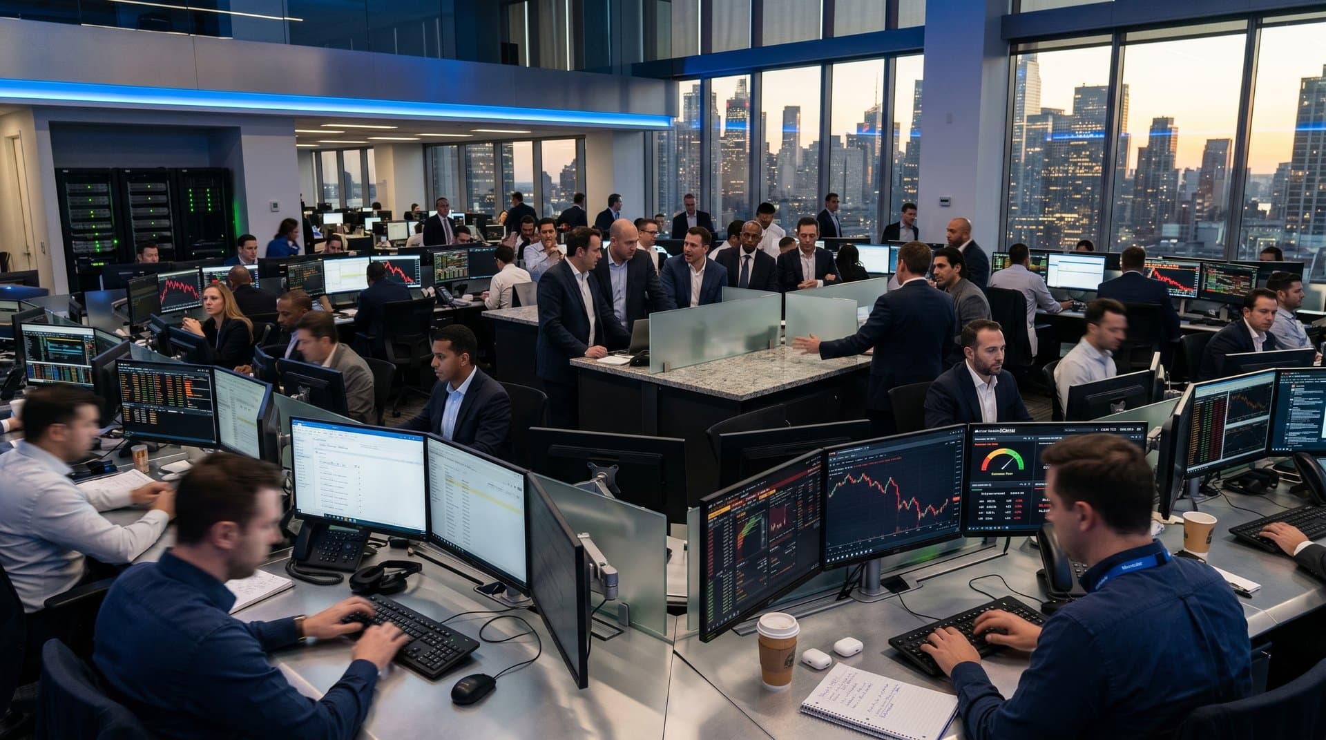 Modern trading floor monitors displaying RoboForex CFD cryptocurrency charts with BTC at USD 76K and global market data