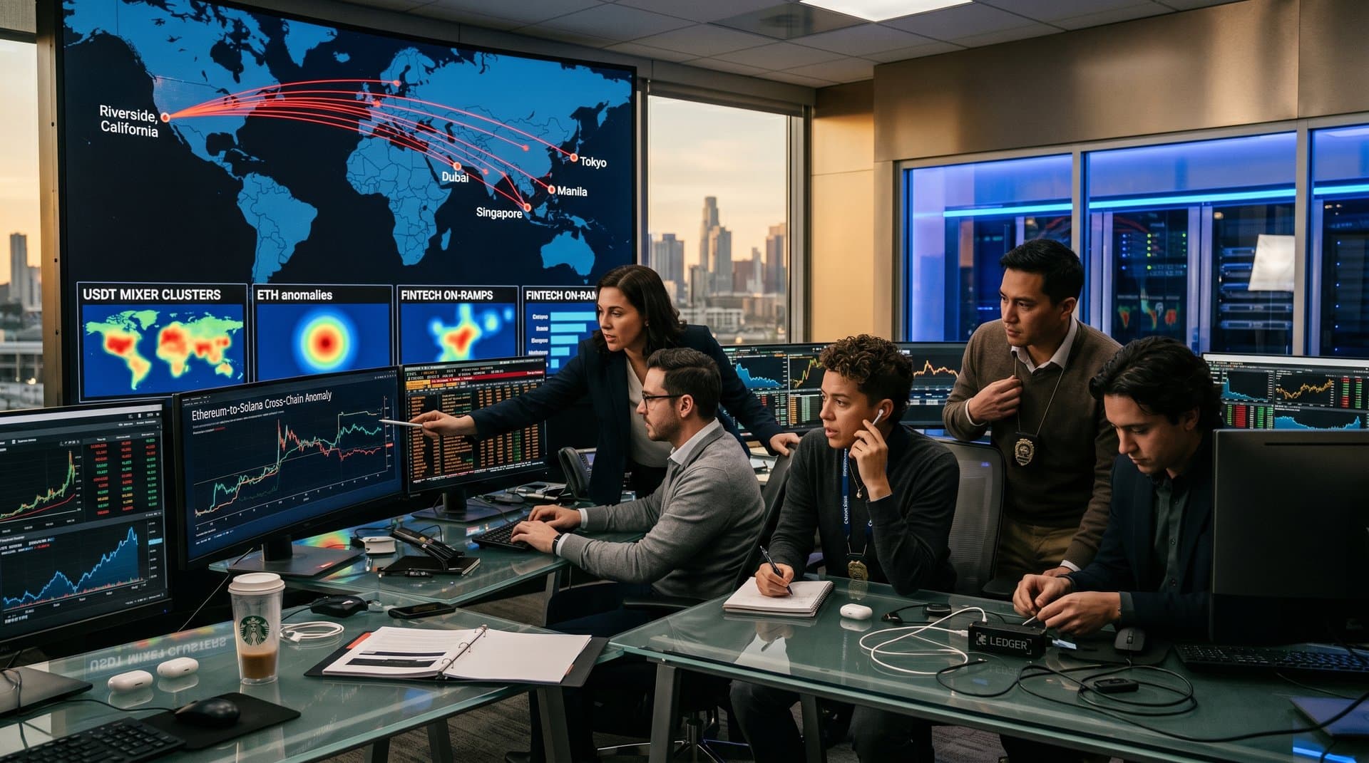 Global crypto forensics center maps illicit flows from SoCal to Asia on video walls amid analysts and terminals