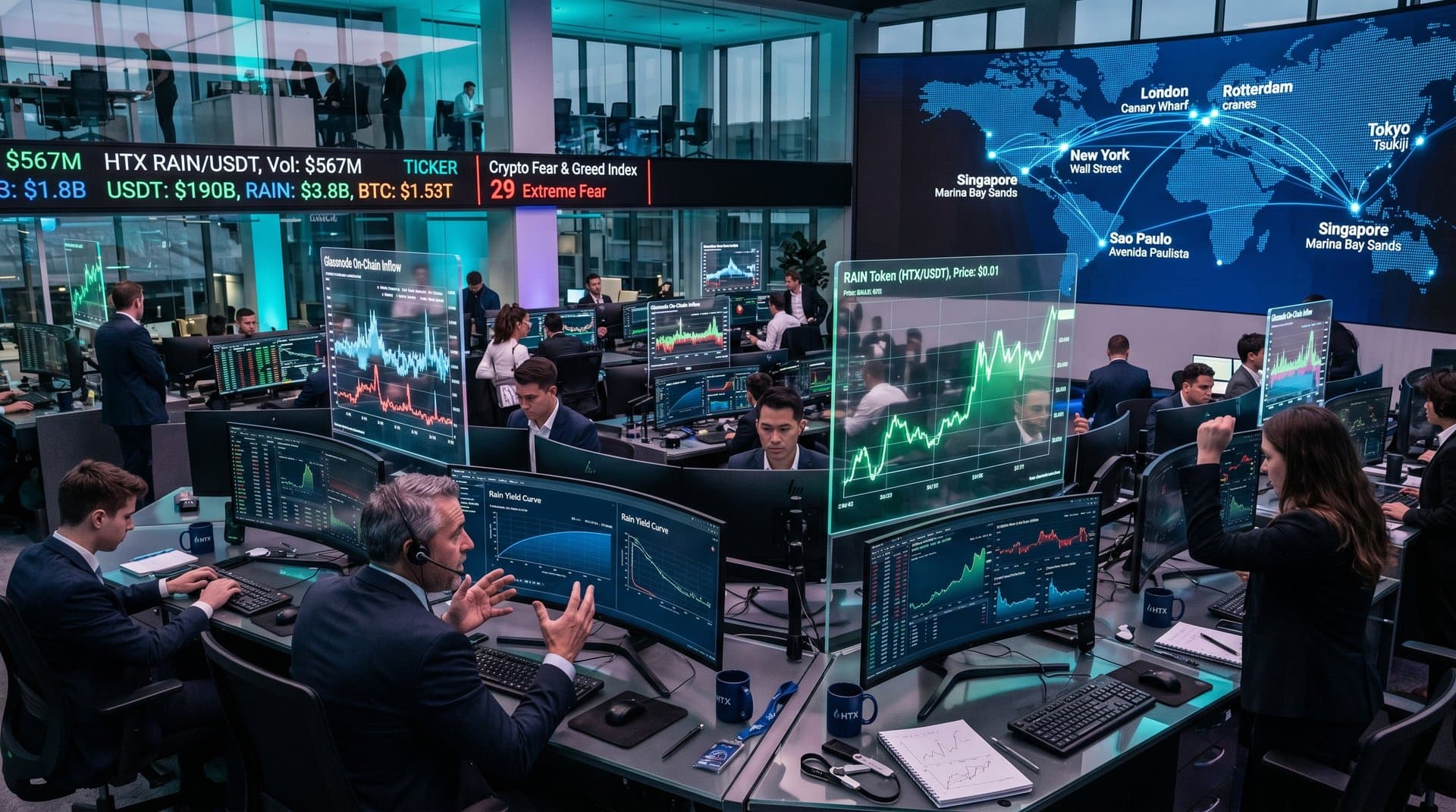 Global crypto trading screens showing Enlivex RAIN treasury on HTX with market charts and world map connections