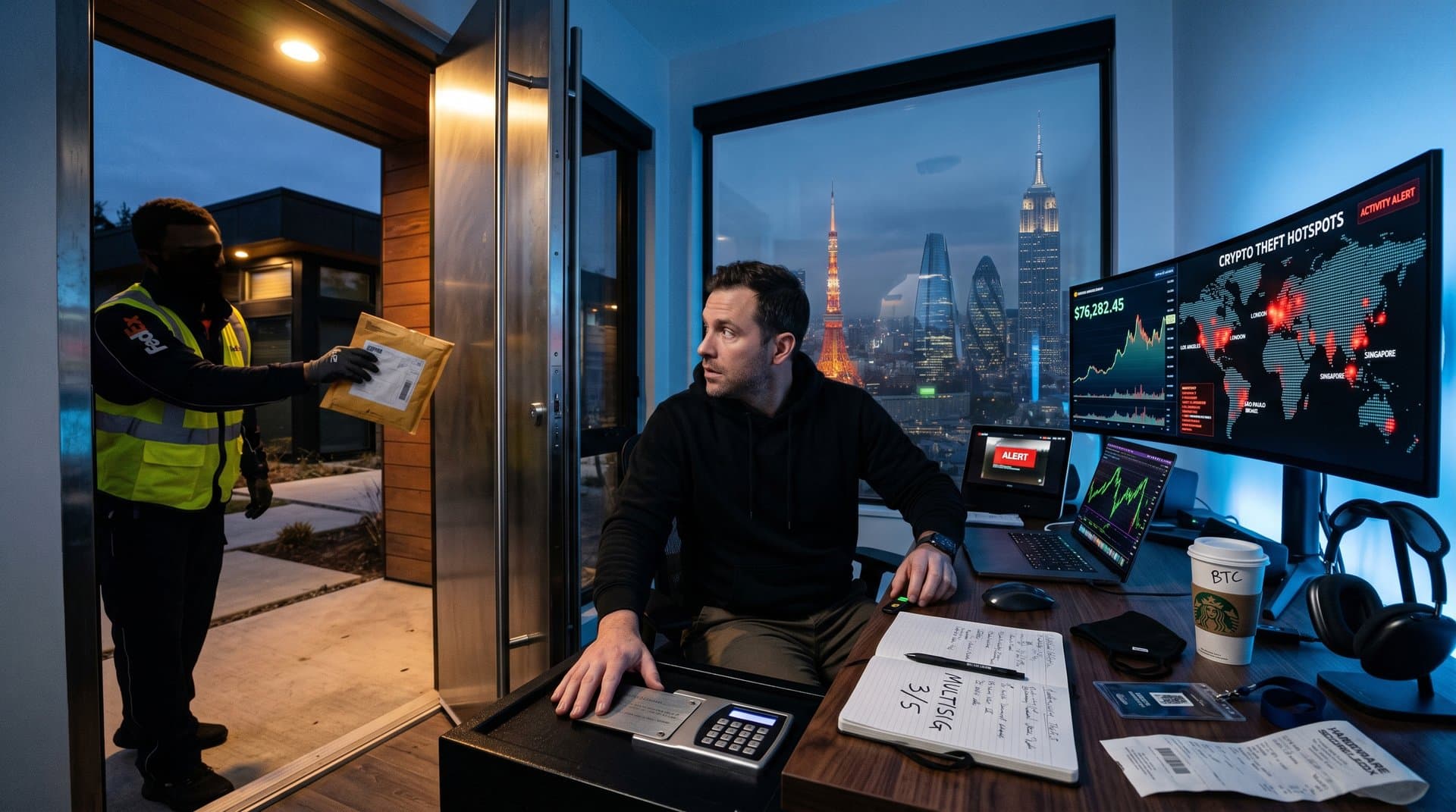 High-tech home securing crypto assets with hardware wallets and surveillance against delivery threat, glowing BTC price chart