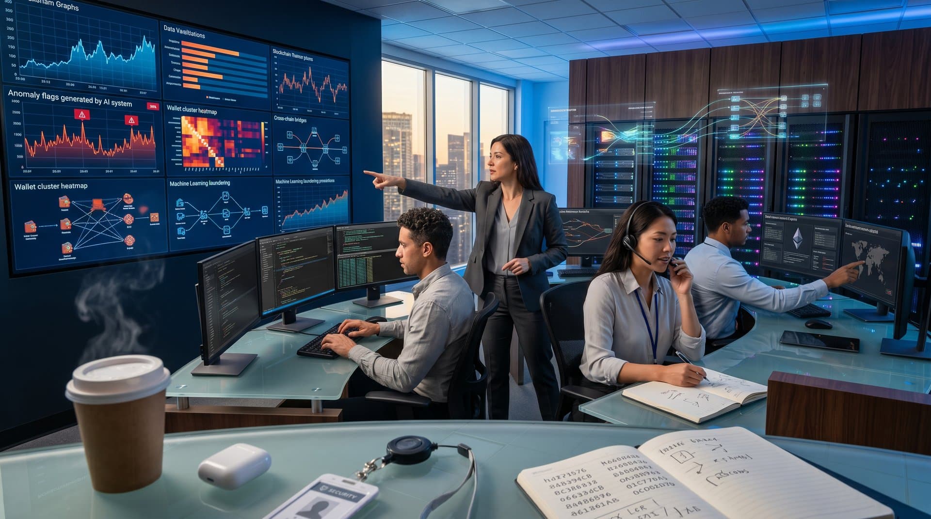 Global cybersecurity team analyzes AI-detected crypto anomalies on video walls amid server racks and city skyline