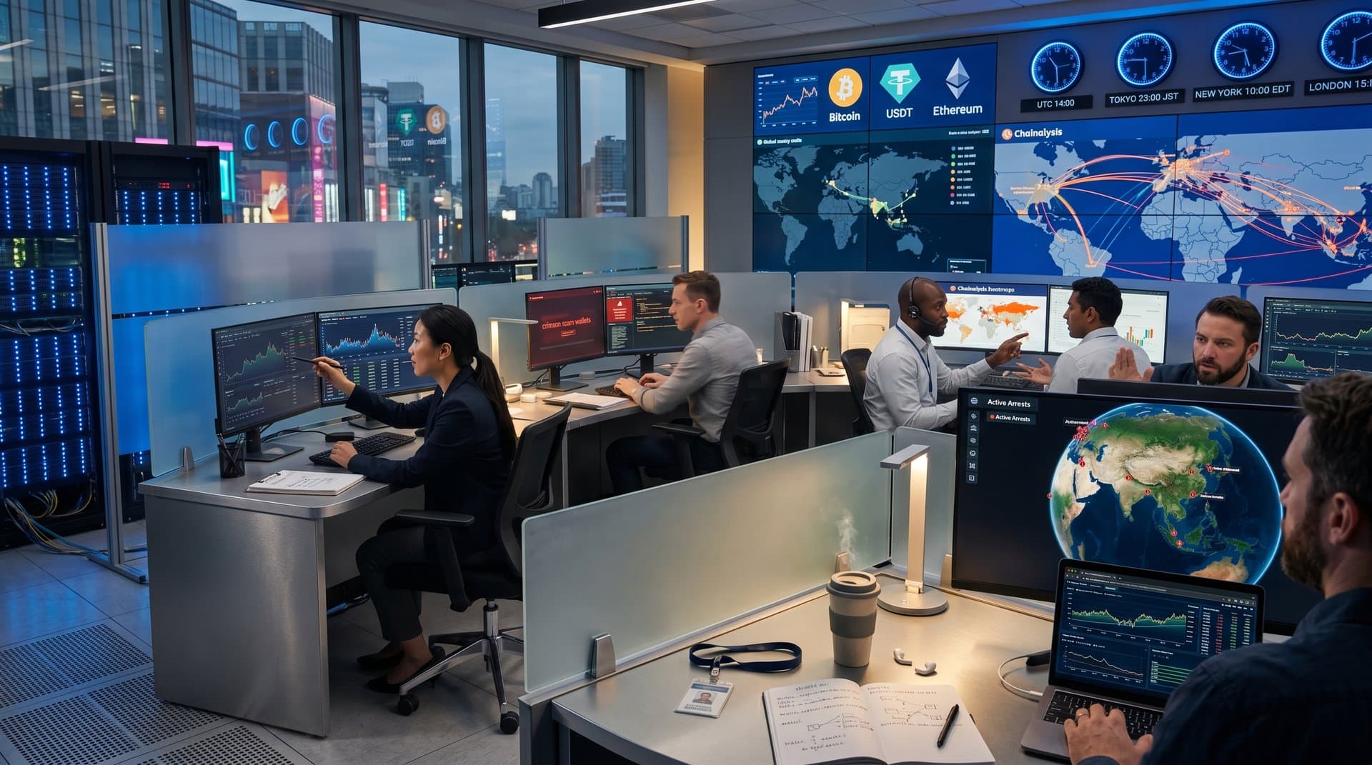 Cybersecurity analysts monitor blockchain screens in a modern global fintech ops center with server racks and transaction graphs