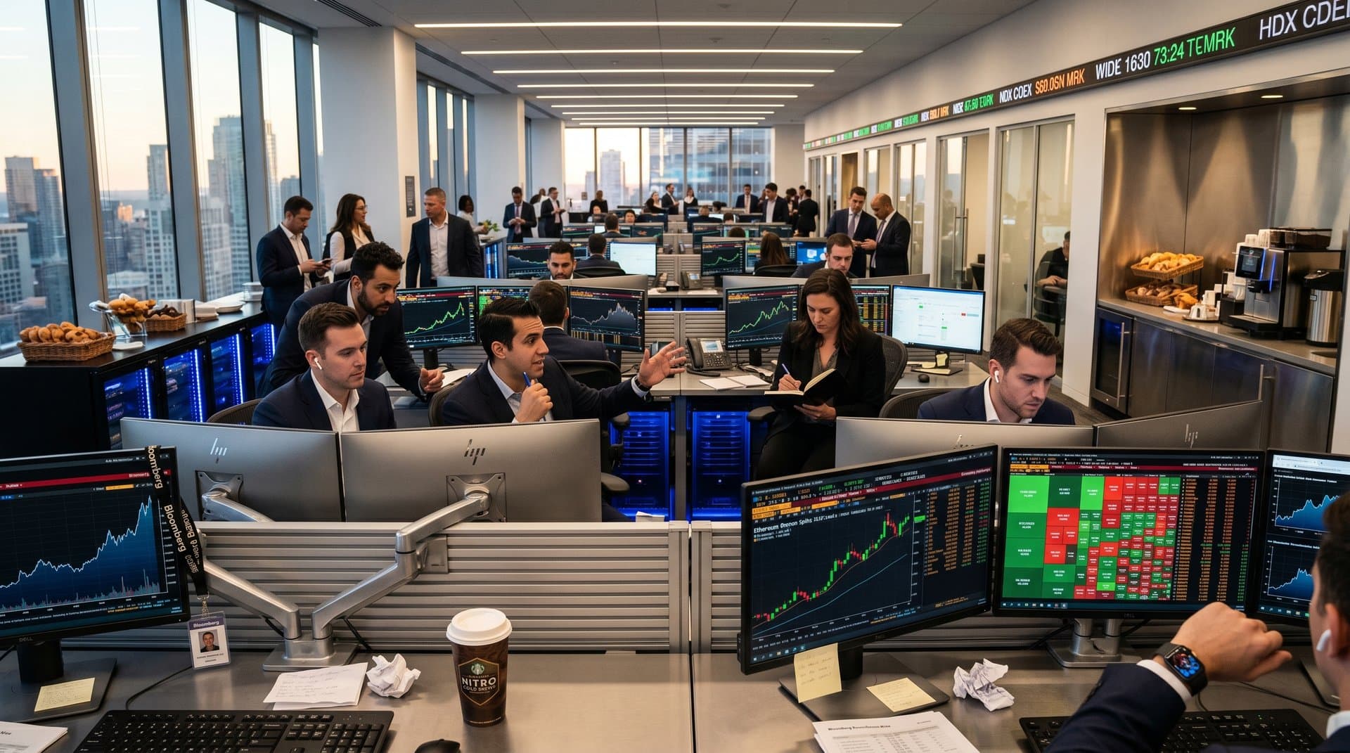Global traders monitor Ethereum price charts and AI blockchain analytics on multi-screen setups in high-tech trading floor with city skyline