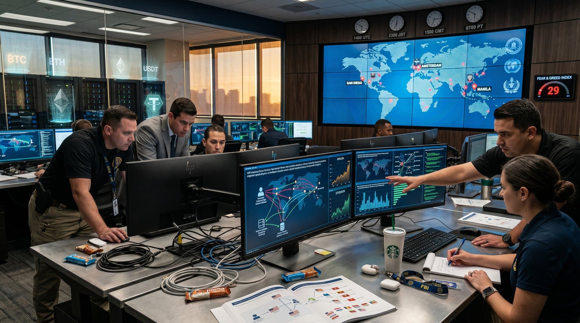 FBI operations center with global maps, blockchain analytics screens, and crypto charts highlighting scam busts