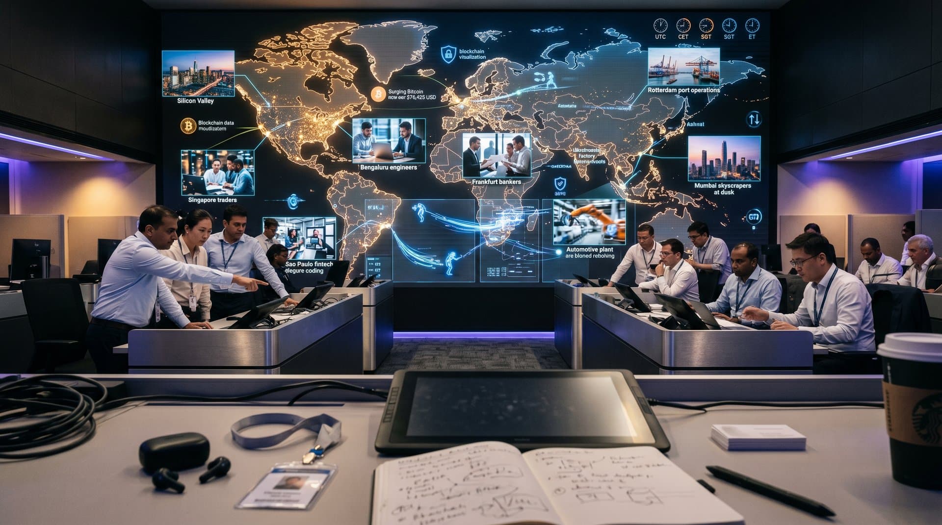 Global map with AI agents connecting customer service innovations across continents and financial hubs