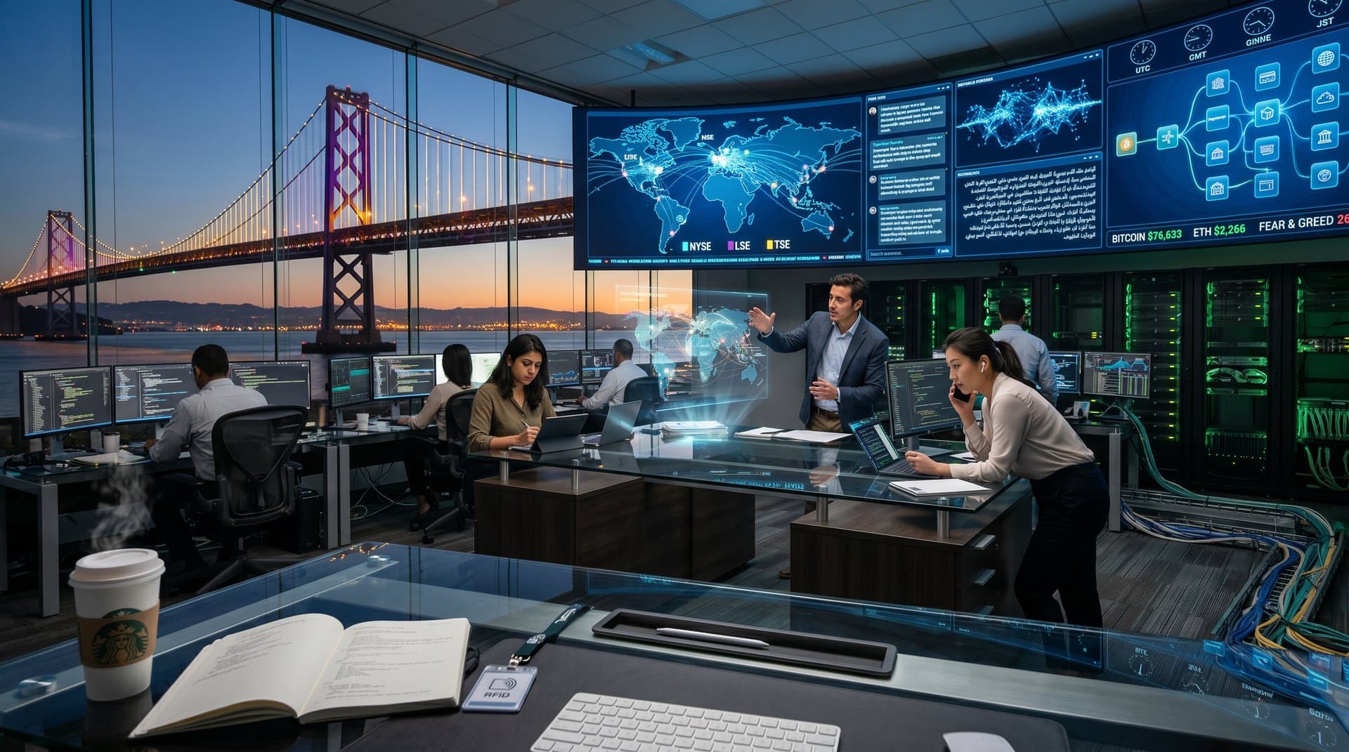 AI lab in San Francisco with screens showing agentic fintech dashboards, global maps, and code amid modern tech setup