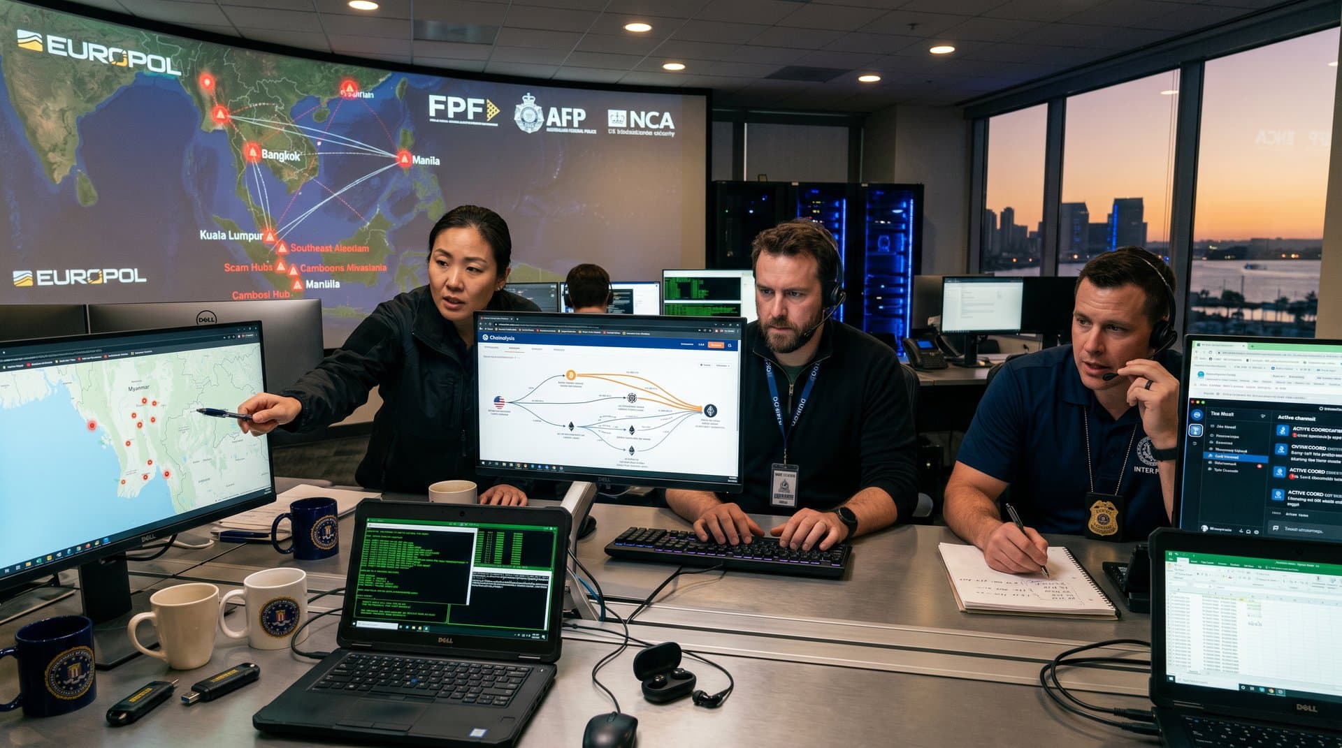 FBI cyber center with monitors showing scam maps, crypto charts, and global threat displays amid international raids coordination