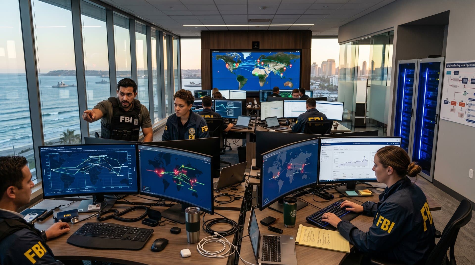 FBI cyber center with blockchain analysis screens and global wallet maps overlooking San Diego bay