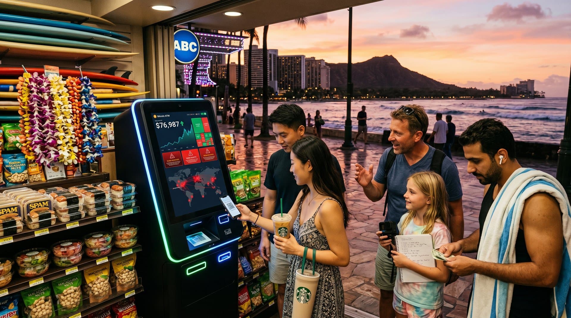 Waikiki crypto kiosk with tourists and global scam risk map overlays