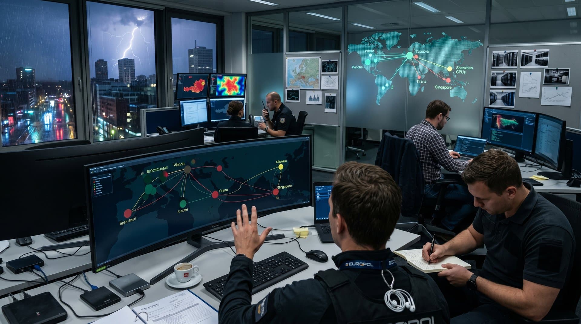 Europol operations room with blockchain maps and Europe fraud heat maps under blue LED lighting