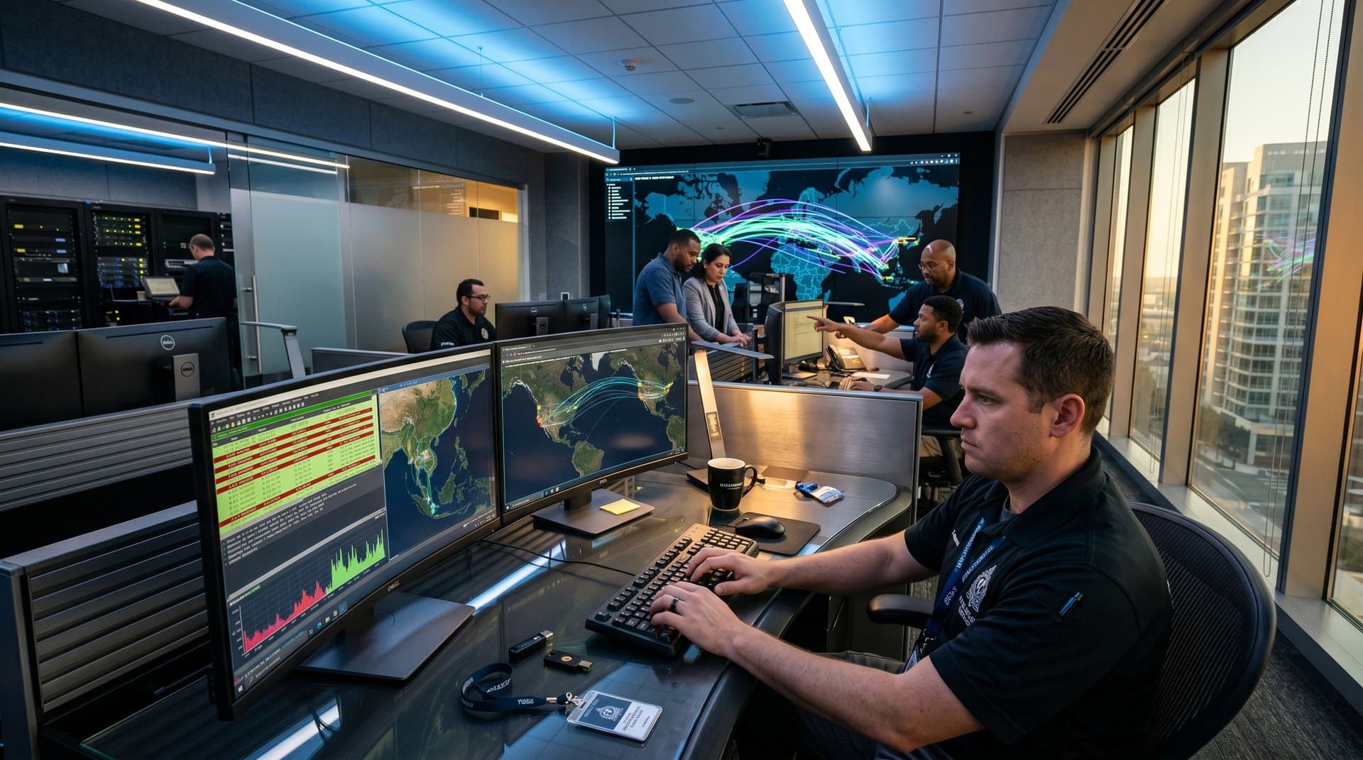 Cyber analysts monitor global threat maps and blockchain data in international task force operations room