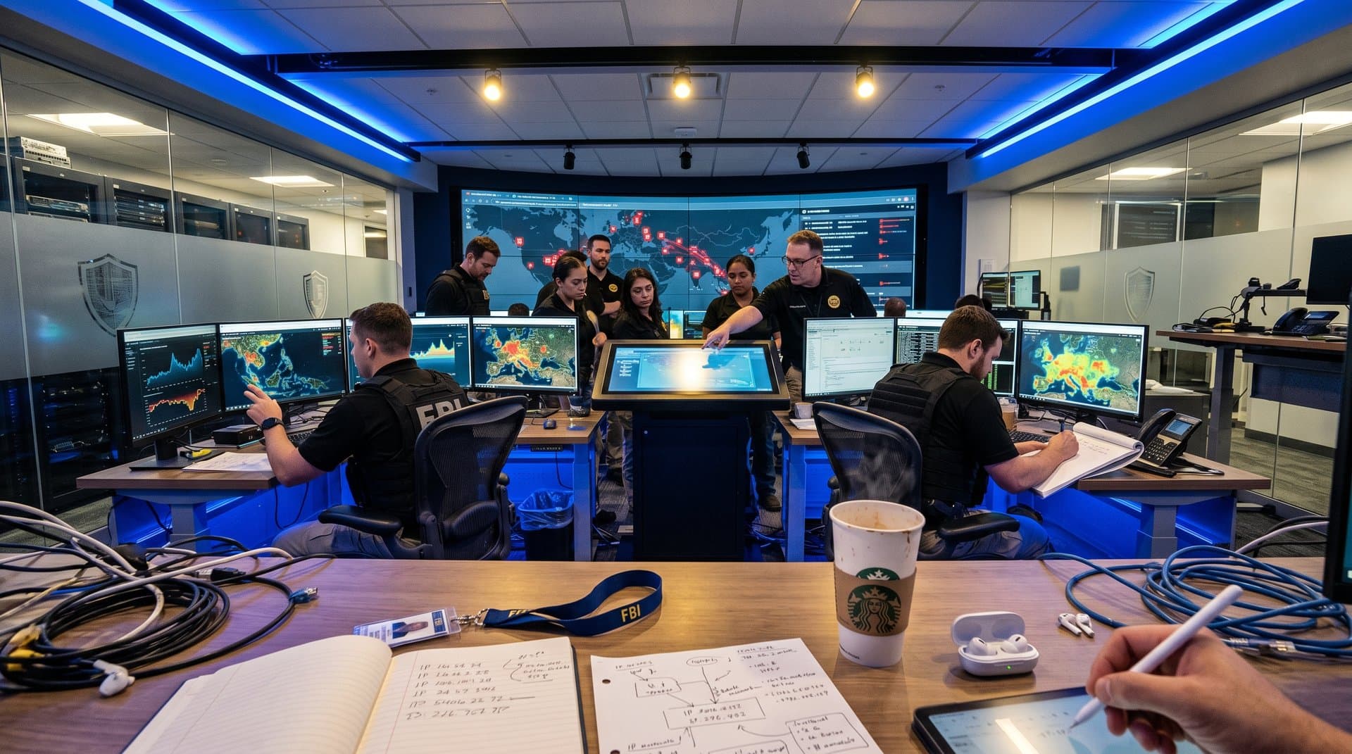 FBI cyber analysts monitor blockchain fraud maps on multi-screen setups in San Diego fusion center amid team briefing