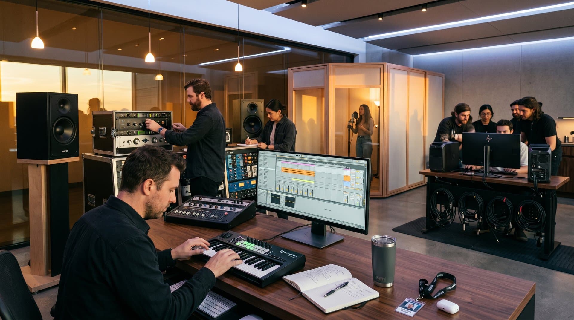Professional music studio desk with Bluetooth MIDI controller paired to Windows PC, audio waveforms on monitor, gear racks, ocean sunset view through glass walls