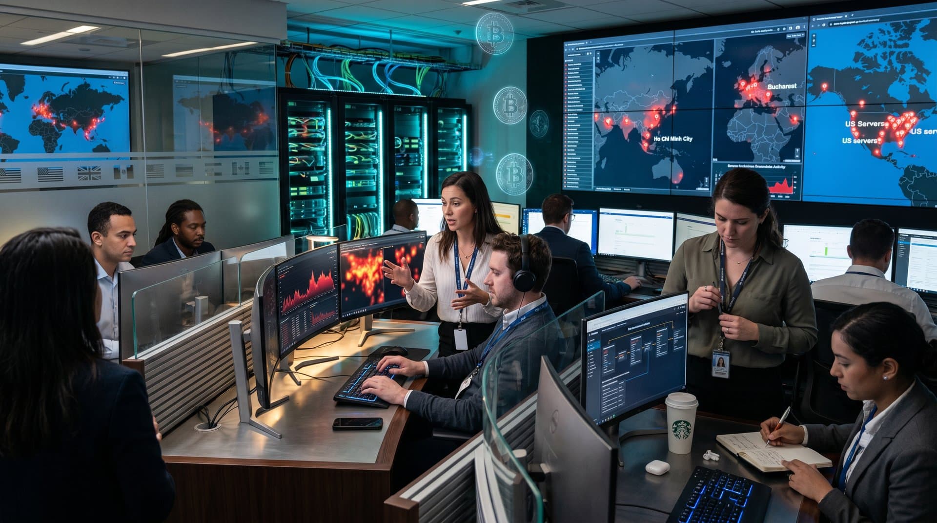 Global cybersecurity command center maps arrests in crypto fraud networks with blockchain graphs and world heatmaps