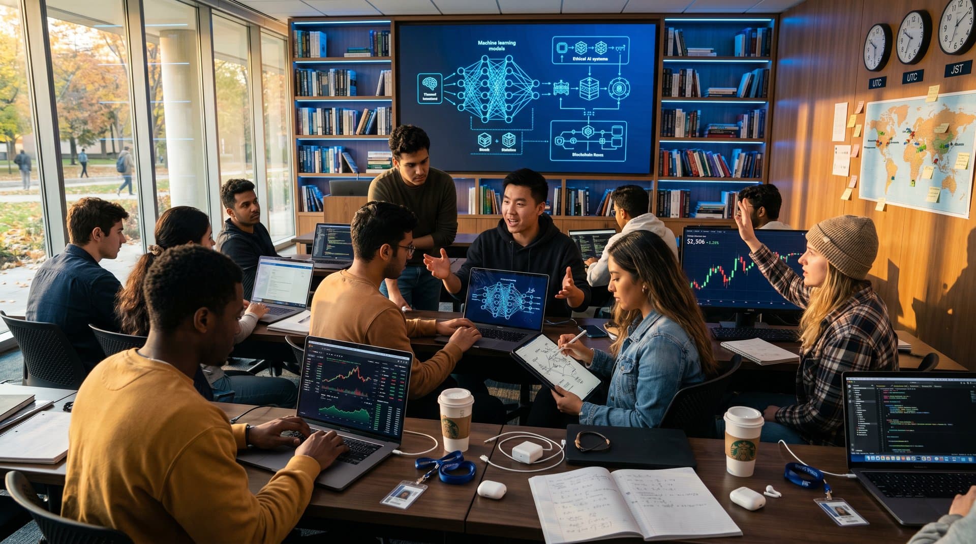 Students in university hall working on AI fintech projects with BTC charts and global maps