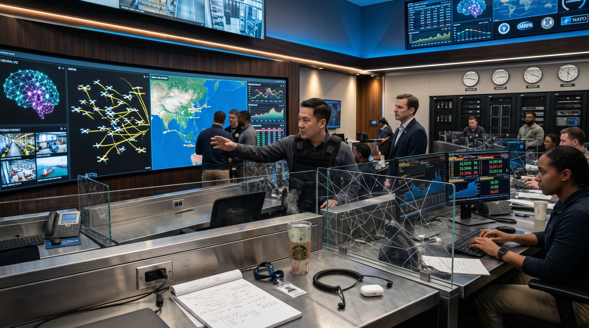Global team analyzes AI defense tech in high-tech command center with crypto charts and maps