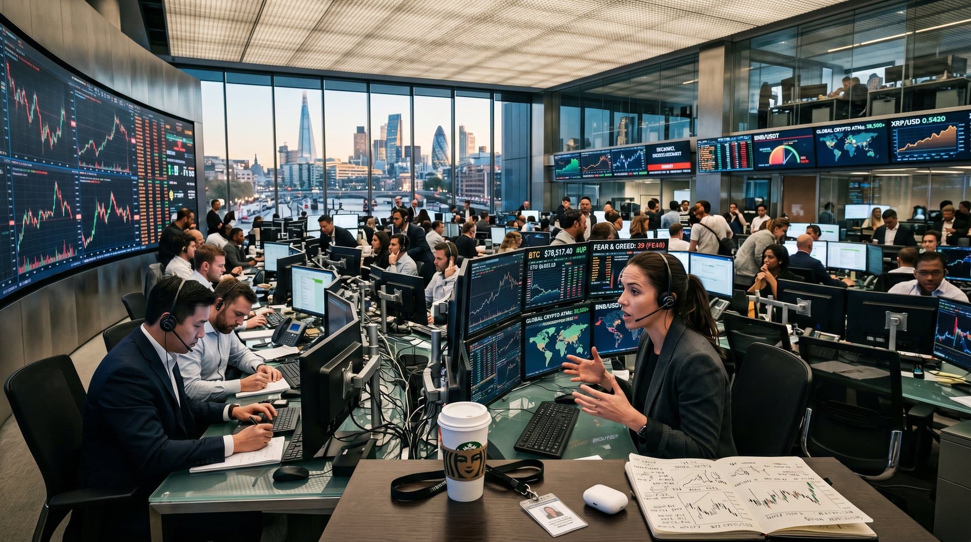 Global trading floor screens show Bitcoin at 78,317 USD, crypto ATMs data, Fear & Greed index amid regulatory maps