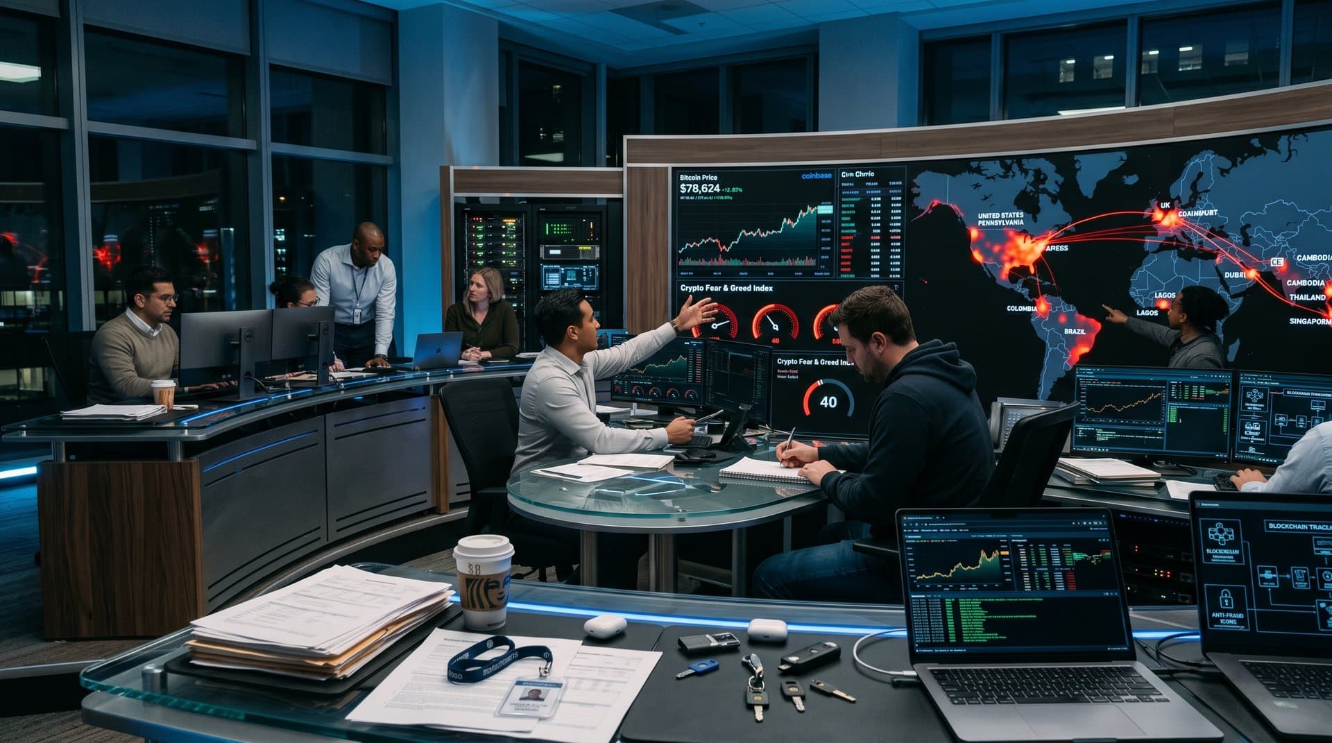 Cybersecurity analysts monitor crypto price charts and global scam maps in high-tech operations center