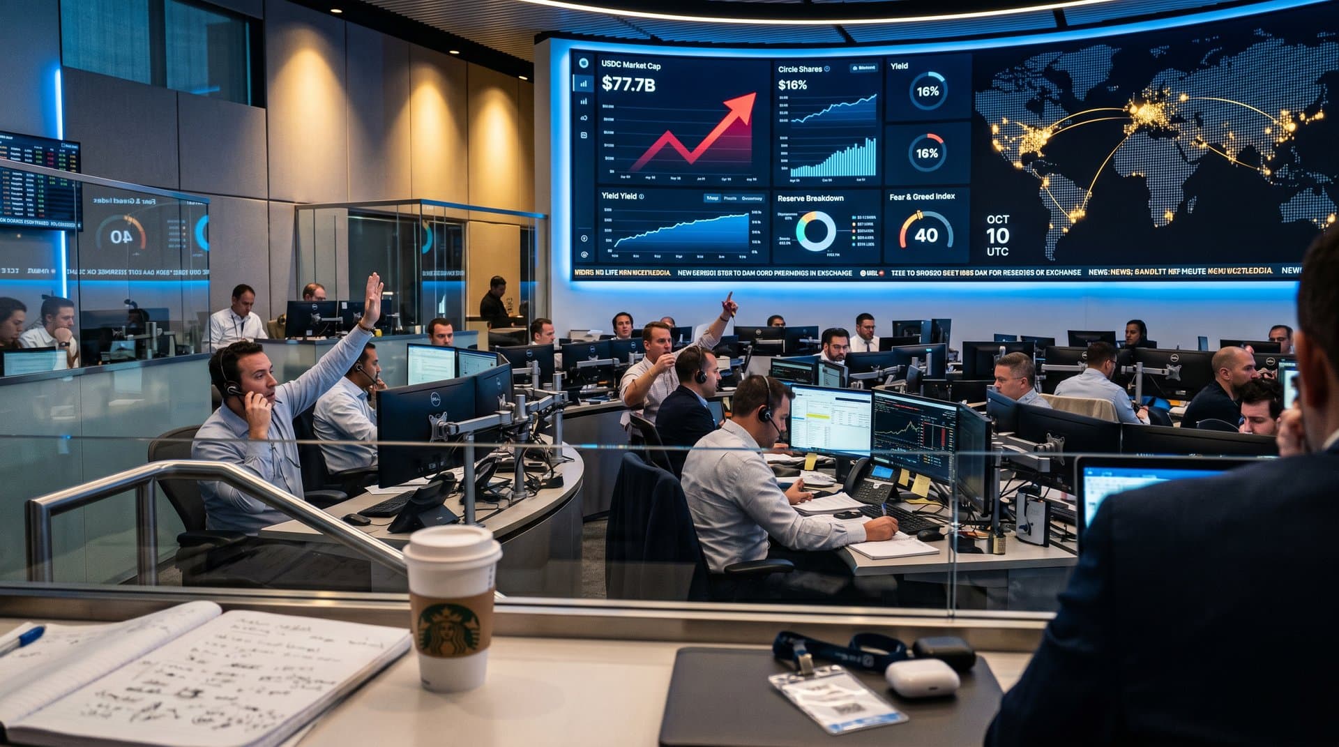 Digital charts of USDC surge and Clarity Act news on global fintech dashboard