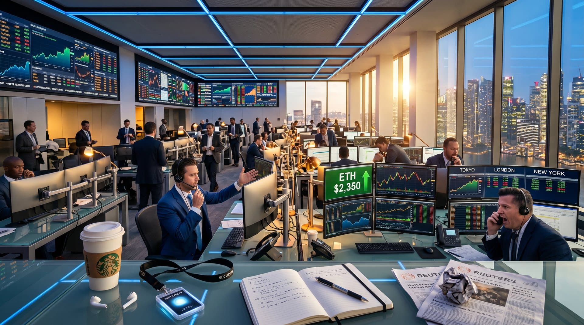 Global trading floor with monitors showing Ethereum price charts, Fear & Greed Index, and market data from major exchanges