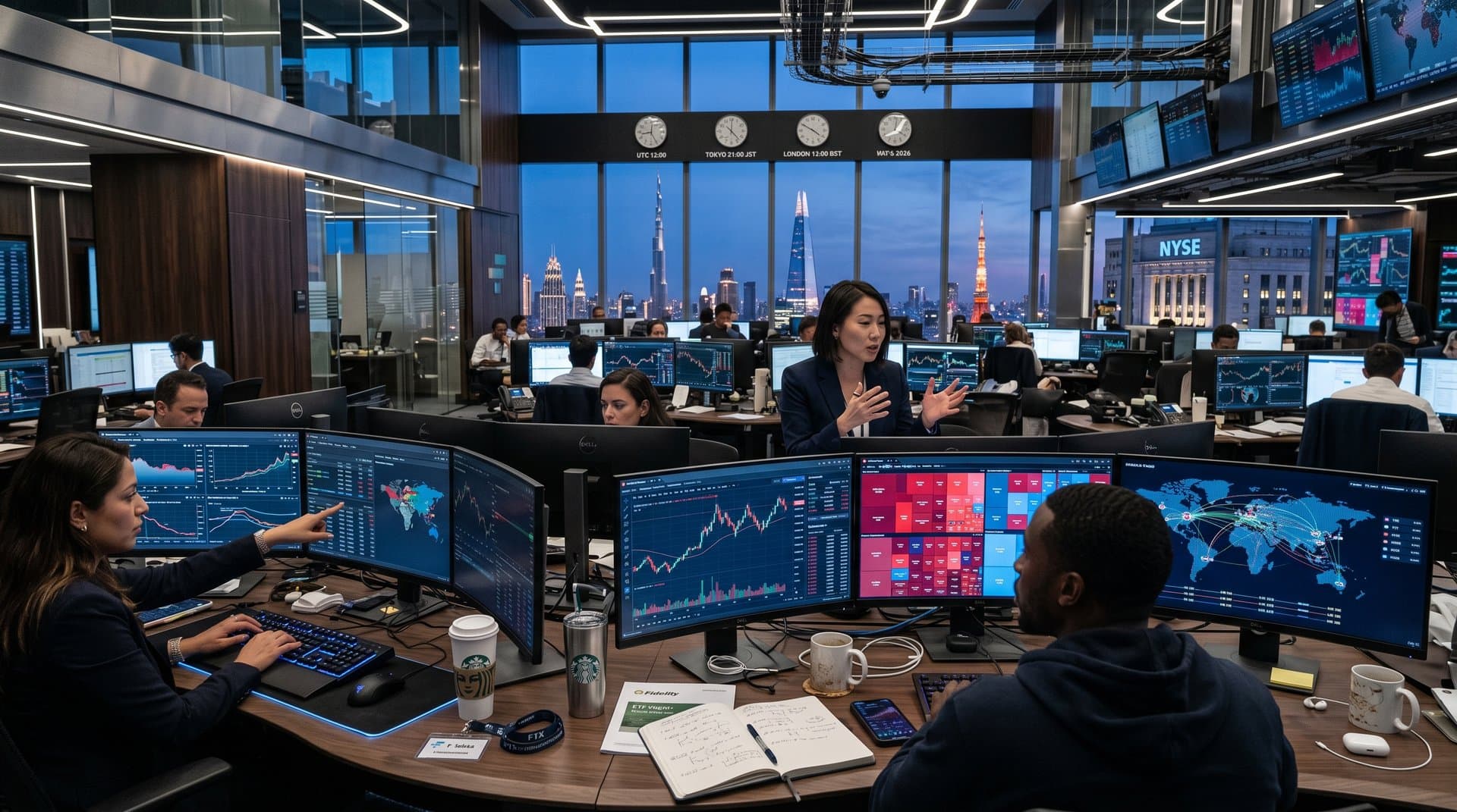 High-tech trading floor screens showing Bitcoin at USD 79,953, Fear & Greed at 50, and global fintech volatility charts