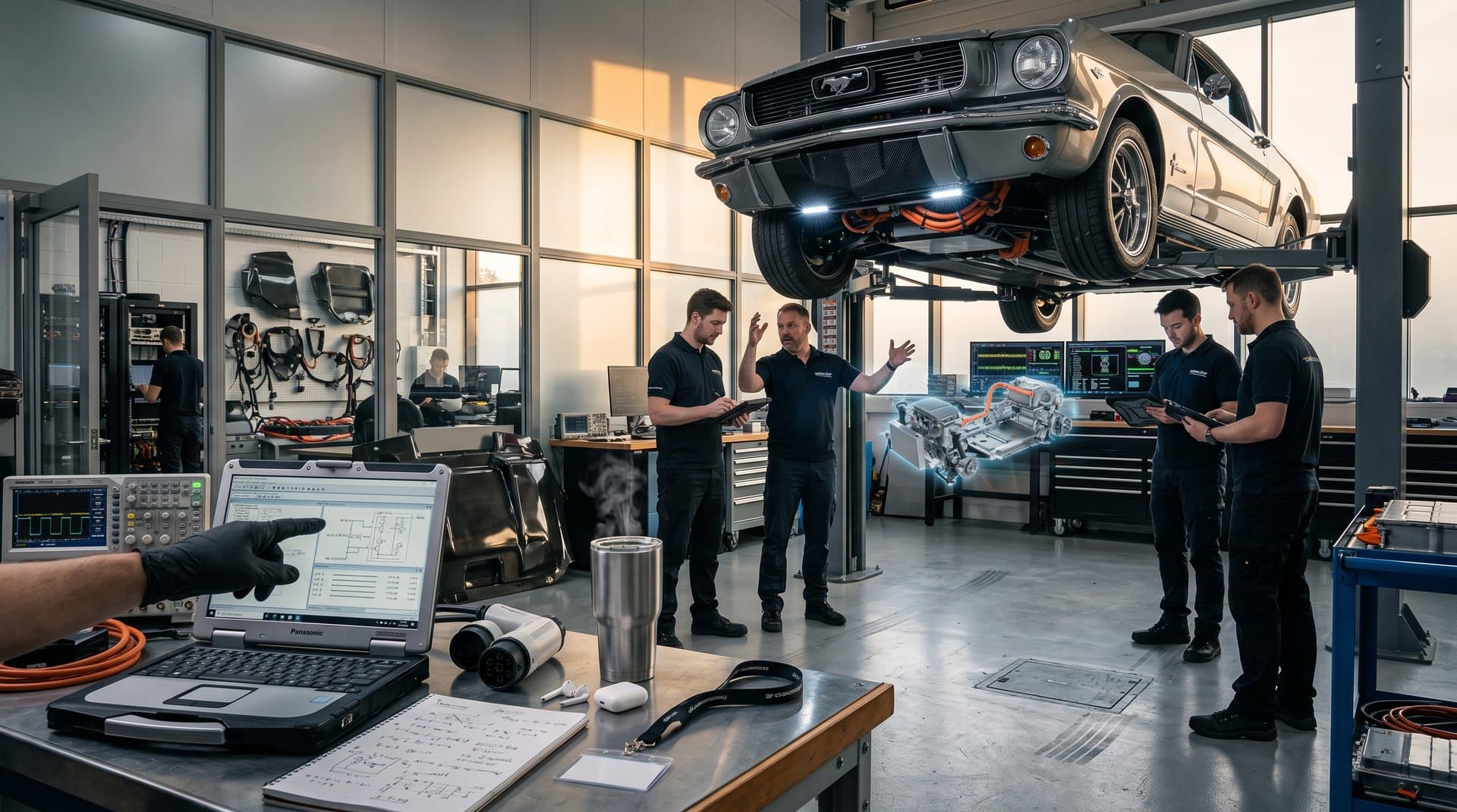 1966 Ford Mustang EV conversion on lift in modern workshop with FSD diagnostics and tools