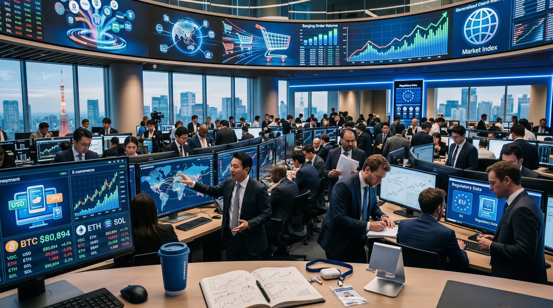 Trading floor with monitors showing GameStop eBay takeover charts and global fintech data
