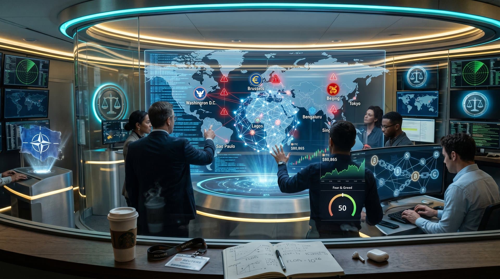 AI neural network under scrutiny on global map with justice scales and secure vault