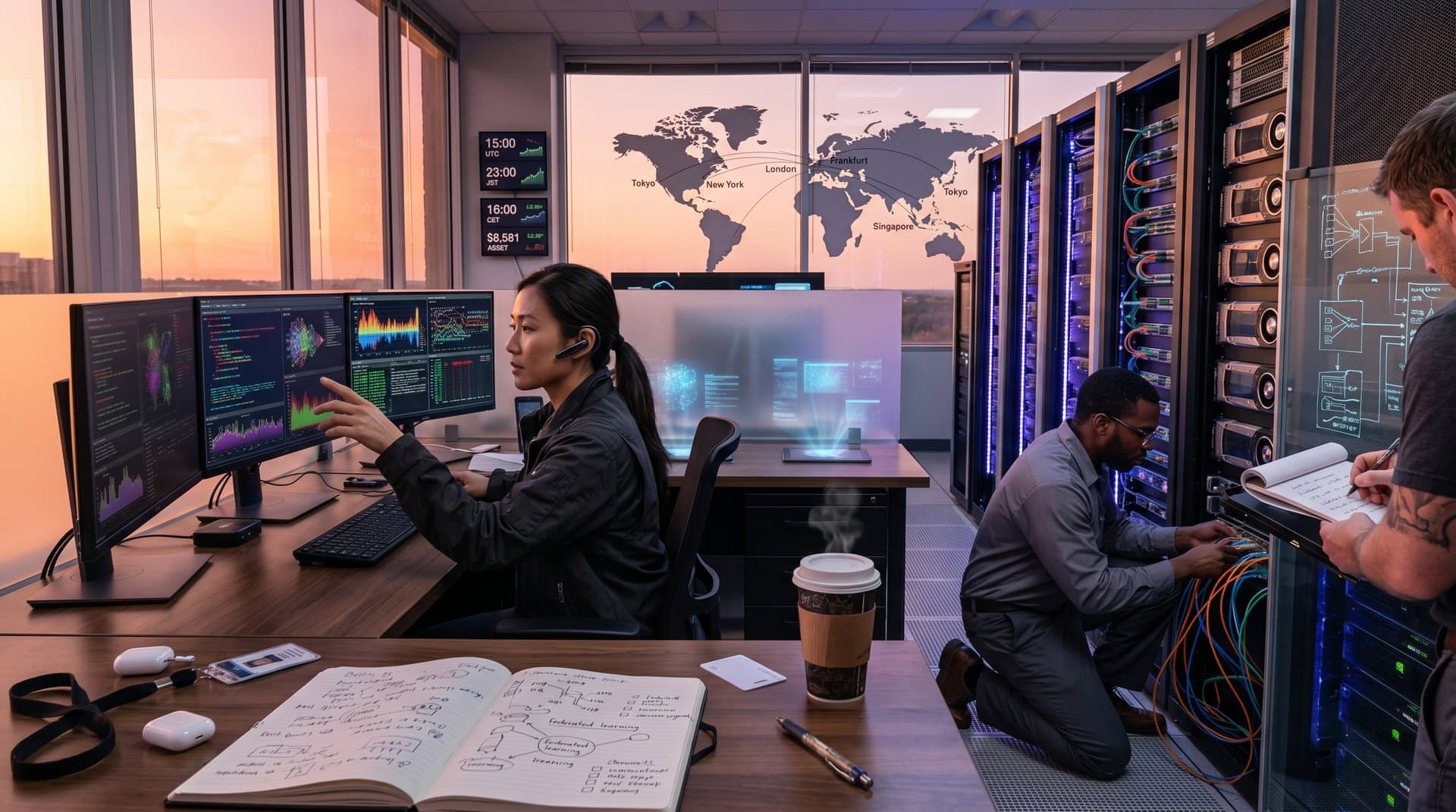 Secure AI data center in Austin with global dashboards, GPUs, crypto charts, and engineering team