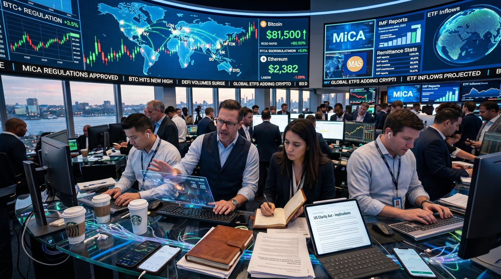 Global trading floor screens show Bitcoin USD 81,500 amid regulatory headlines, linking U.S., Europe, Asia markets