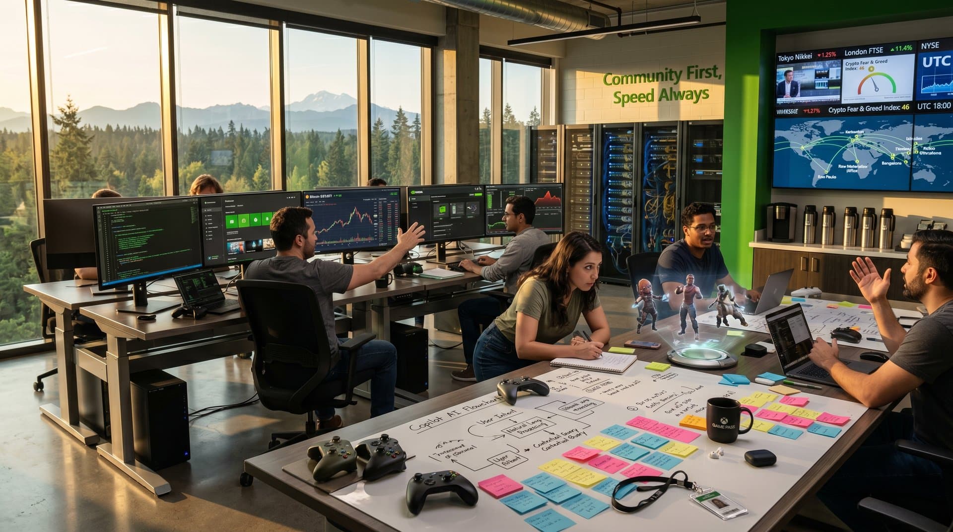 Xbox studio interior with AI code, crypto charts, global maps, and collaborative engineers in modern tech environment (98 characters)